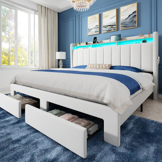 Allewie King Size Bed Frame with 2-Tier LED Storage Headboard, Velvet Upholstered King Platform Bed with 2 Storage Drawers, USB & Type-C Charging Ports, Noise-Free/No Box Spring Needed, White
