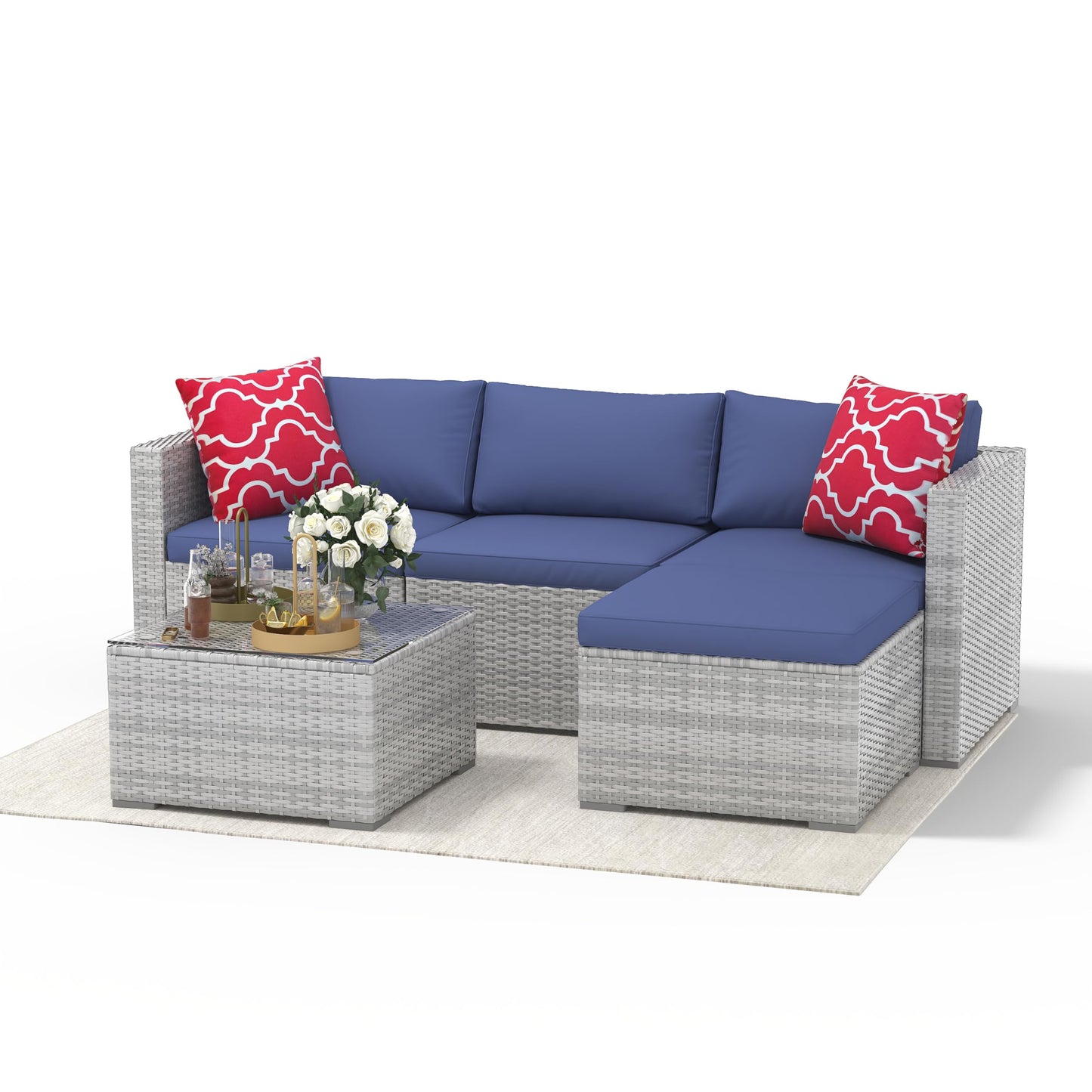 5 Piece Outdoor Patio Furniture Set, Rattan Deck Conversation Sofa Set with Non-Slip Cushions, All-Weather Sectional Sofa with Glass Storage Table and Balcony Footstool, Poolside, Garden, Porch, Gray