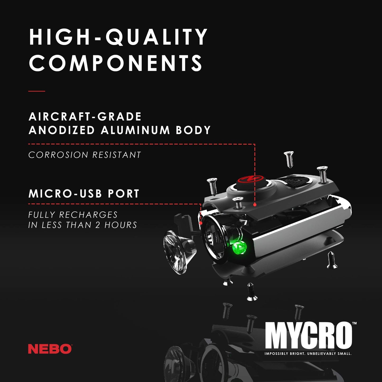 NEBO MYCRO Keychain Flashlight - 400 Lumens, 40H Run Time, Rechargeable, 6 Modes, Water Resistant, Model NEB-KEY-0003