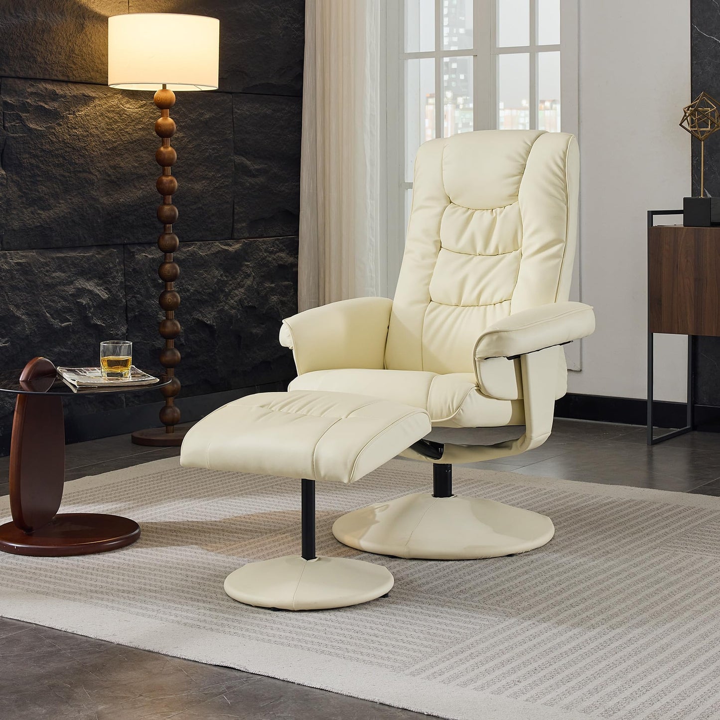 KEIKI Swivel Reclining Chair with Ottoman, High Backrest,5-Point Vibration Massage & Heated Seat,PU Leather Upholstered Armchair Lounge Sliding Chairs Set for Living Room Bedroom Office,Beige