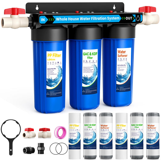 Whole House Water Filter System,3 Stage Whole Home Water Softener System, Reduces Chlorine Sediment Odor for Healthier Skin,Extra 2 Sets Filter Included, 1-2 Year Service Life,2 Valves & 3/4" Ports