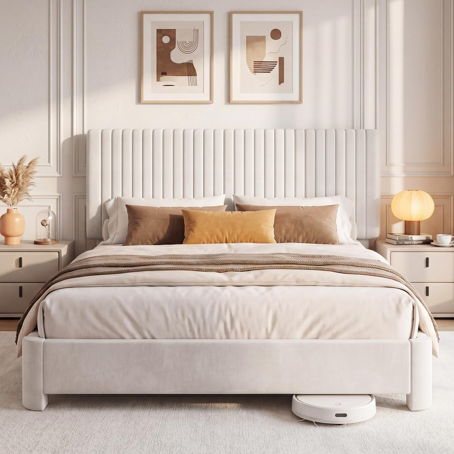 Erdoru Queen Size Velvet Upholstered Bed Frame with Headboard, Luxury Wooden Slat Support Platform Bed, Noise-Free Sturdy Low Profile Design, No Box Spring Needed, Easy to Assemble, White