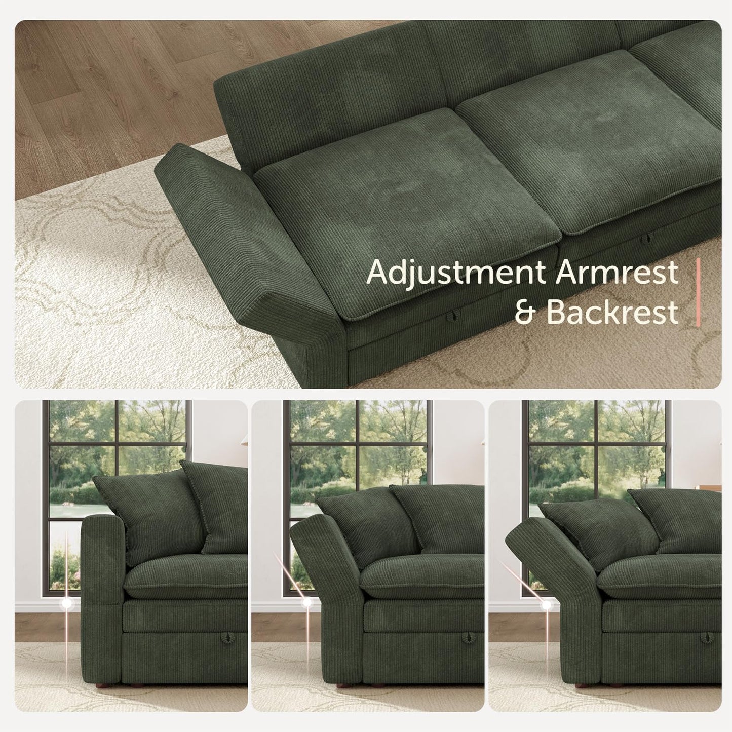 HONBAY Modular Sectional Sofa, 105.5 Inch Deep Seat U Shaped Couch with Storage & Adjustable Armrest Backrest, Green