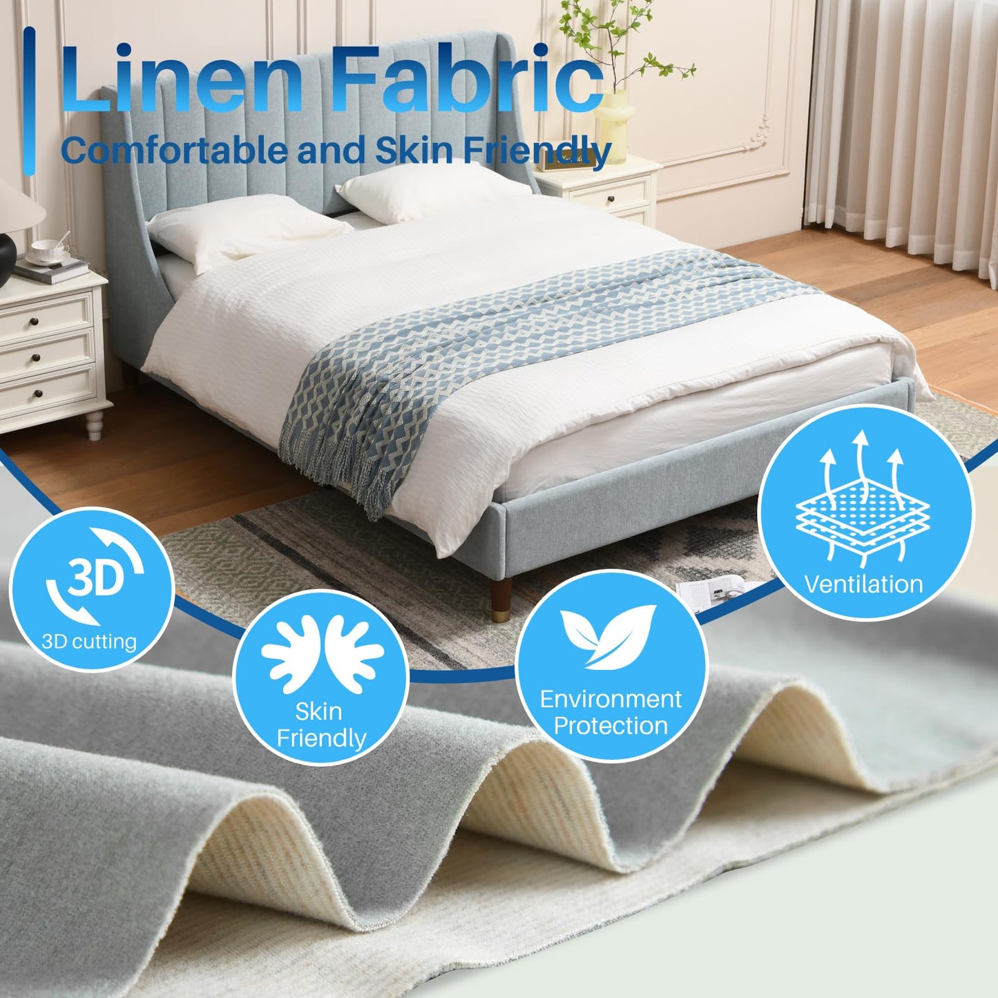 YUHUASHI Queen Size Bed Frame with Linen Fabric Twin Wingback Headboard, Upholstered Platform Bed with Wooden Slat Support, Noiseless, No Box Spring Required (Light Blue, Full)