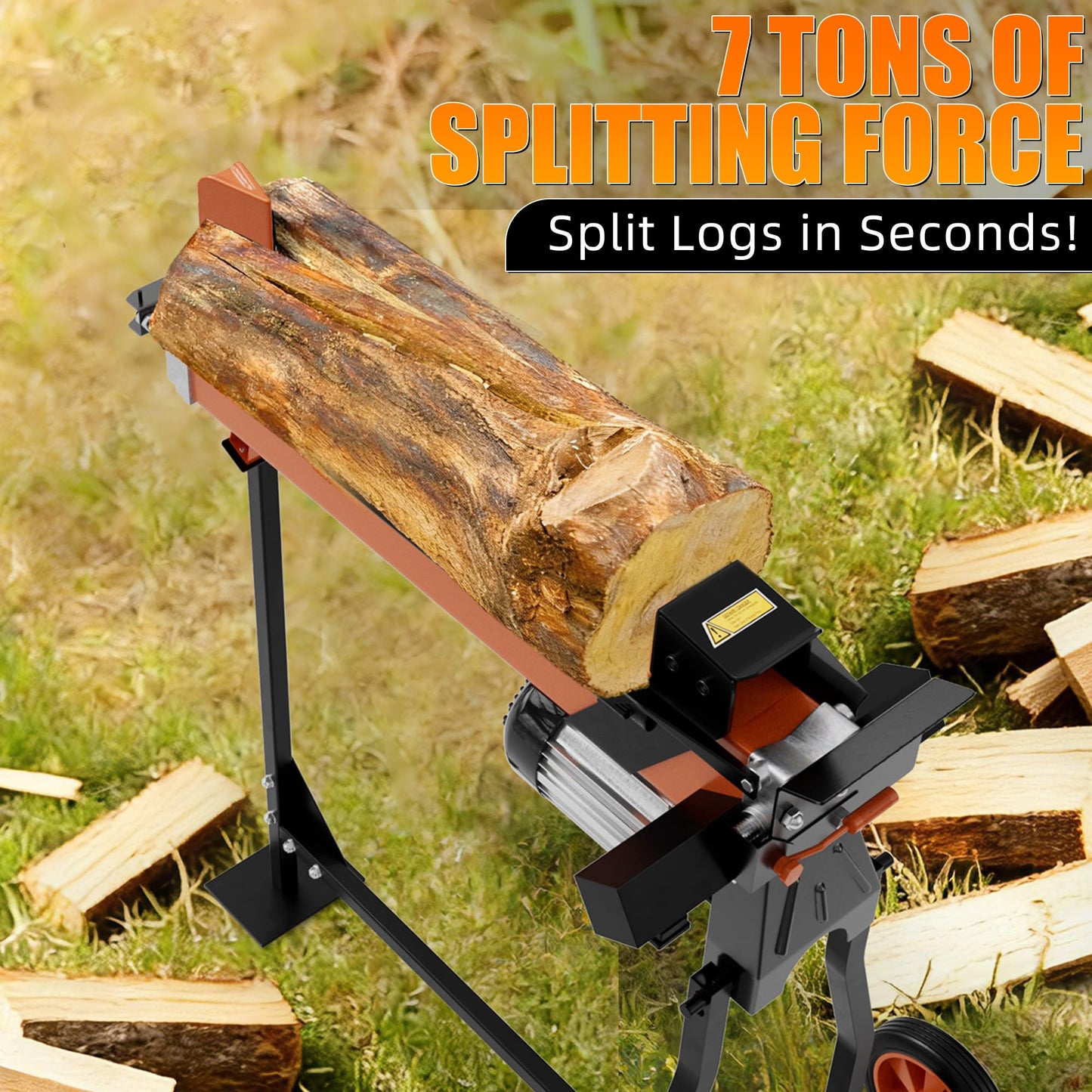 PPOLB 7 Ton Electric Wood Splitter, 15Amp Hydraulic Log Splitter with Stand, Portable Electric Log Splitter for Firewood, Compact Horizontal Wood Splitter for Backyard, Garage, Cabin - Orange