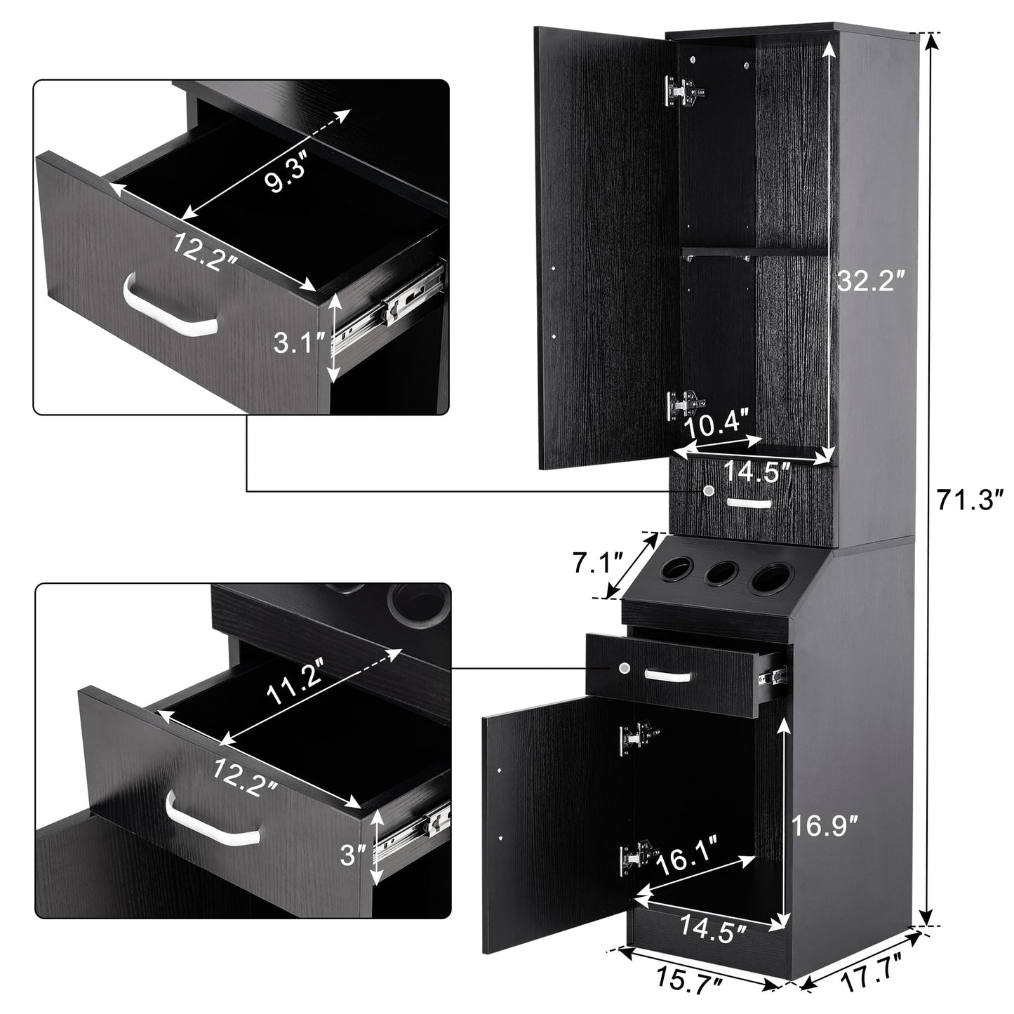 BarberPub Wall Mount Classic Barber Station with 3 Hair Dryer Holders, Hair Stylist Salon Storage Cabinet, Beauty Spa Tool Organizer Equipment 3207 (Black)