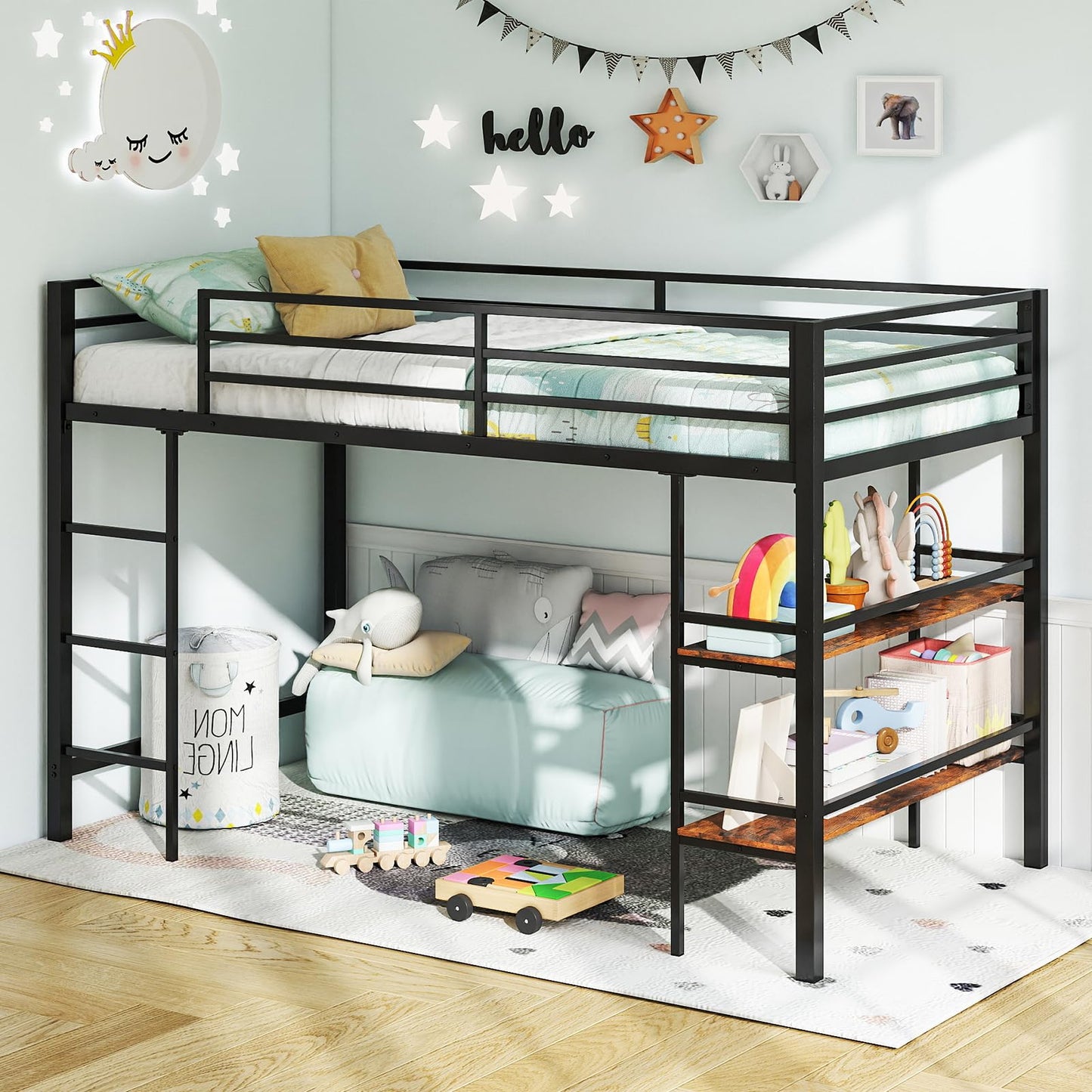 KOMFOTT Twin Size Metal Loft Bed w/Storage Shelves, Heavy Duty Metal Bed Frame w/Safety Guardrails & Ladder, Space-Saving Low Loft Bed for Kids Junior, Under-Bed Space, No Box Spring Needed (Black)