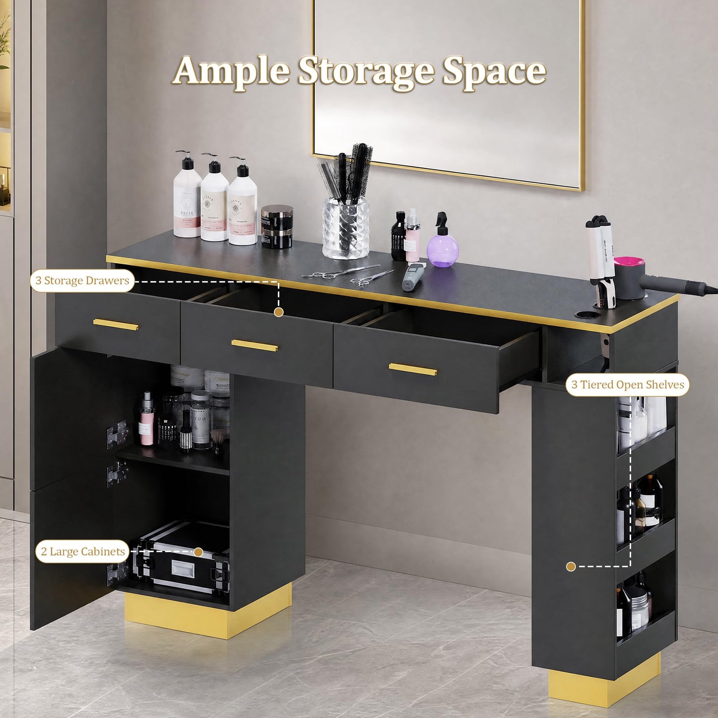Oakvera Salon Station for Hair Stylist, Freestanding Barber Desk with 2 Cabinets, 3 Drawers & Open Storage Shelves, Hair Salon Furniture for Salon, Spa & Beauty, Black