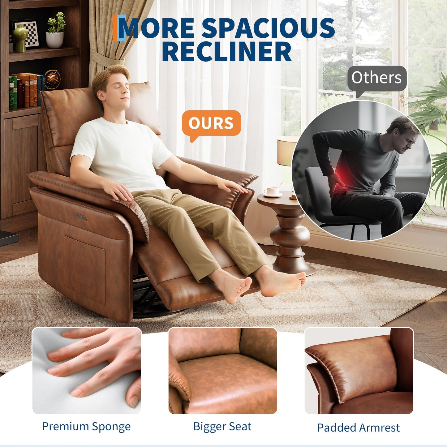 Garvee Power Recliner Glider Chair with Smooth Swivel and Rocking Motion Adjustable Recline USB Charging Port Premium Chenille Fabric and Double Armrests for Living Room and Nursery