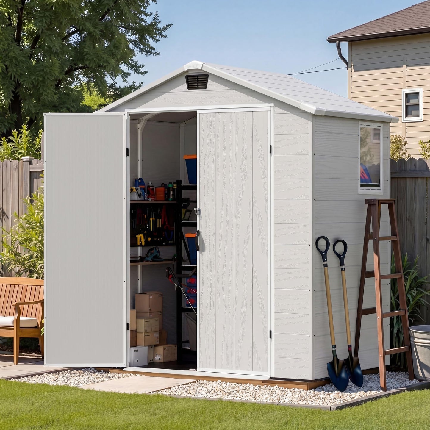 Patiowell 6X4 FT Plastic Outdoor Storage Shed with Floor, Resin Tool Sheds with Lockable Door and Window, Weather-Resistant Garden Shed, Easy Assembly for Backyard, Patio, Light Grey