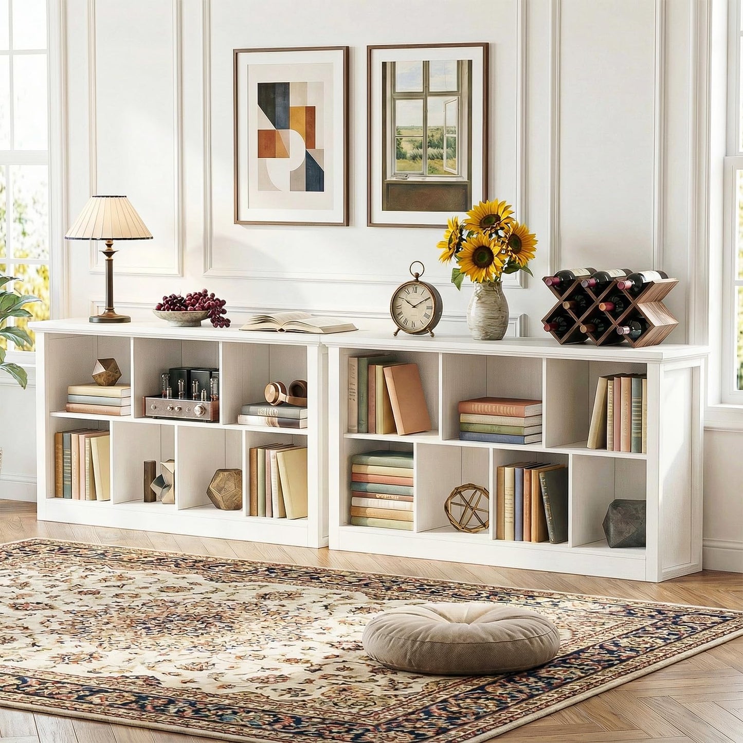Unikito 7 Cube Storage Book Shelf - 47" Wide Wood Cube Storage Organizer, Wooden 2 Tiers Floor Standing Low Bookcase for Living Room, Bedroom, Home Office, Kids Room, Rustic White