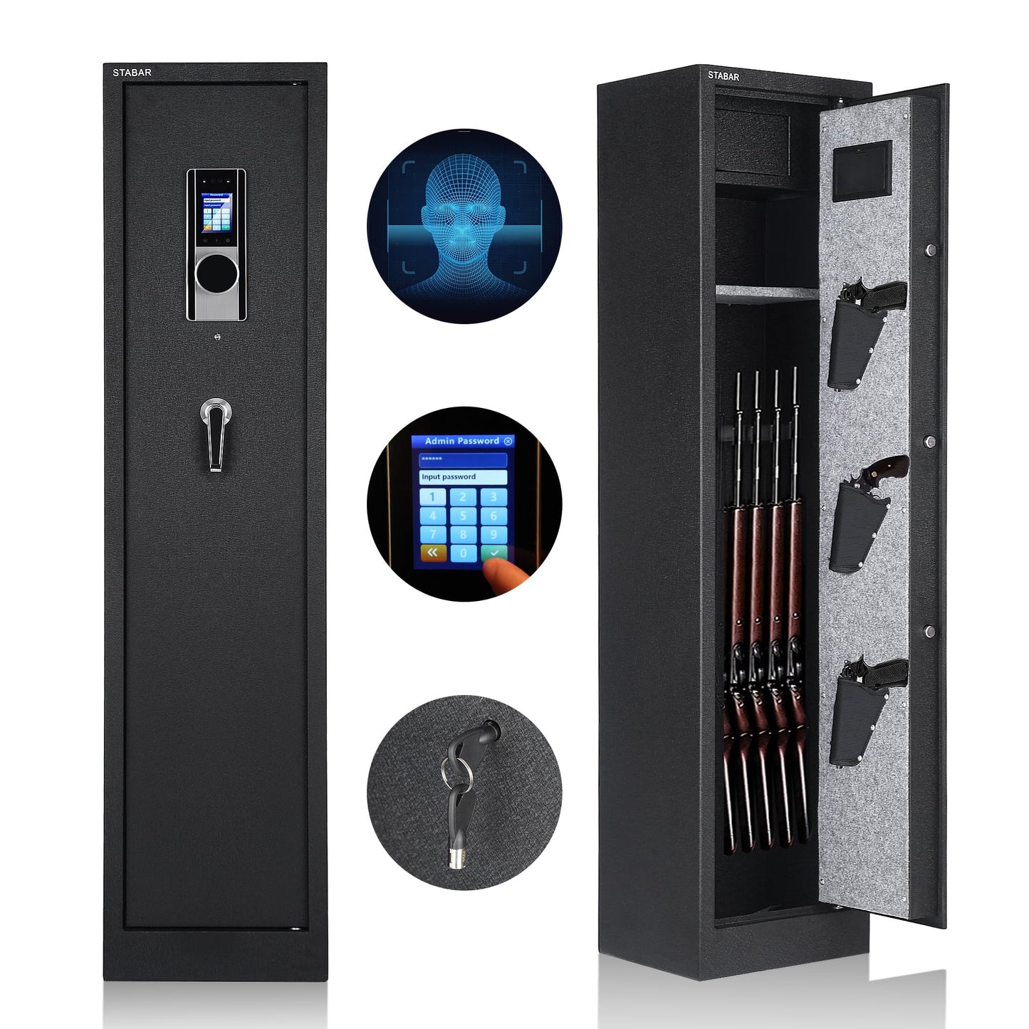 STABAR Gun Safe Biometric Rifle Gun Safe Box with Facial Recognition Handgun Pockets and Built-in Lockable Box, and Silent Mode