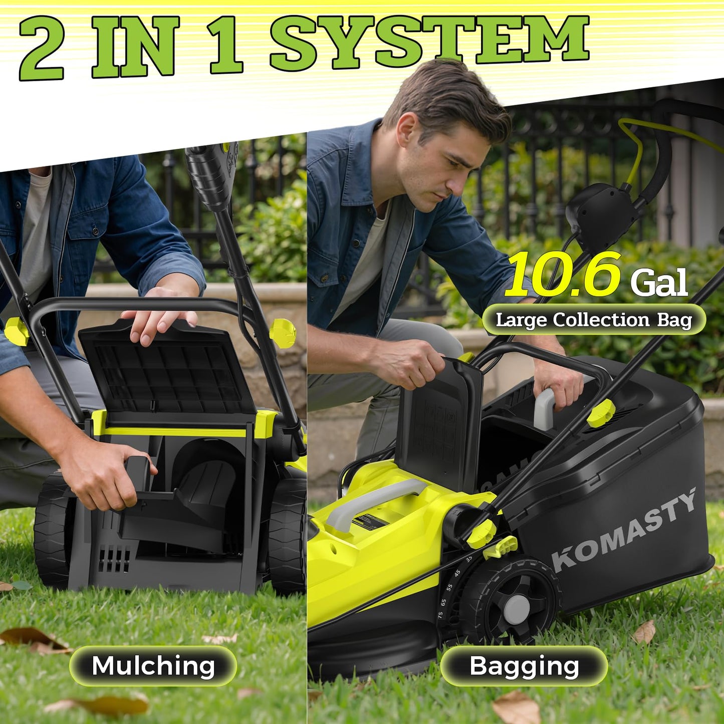 KOMASTY 40V Electric Lawn Mower 15" Cordless Battery Powered Mower, 2 in 1 Mulching Lawnmower with 5-Position Height Adjustment 10.6 Gallon Bag, Small Push Lawn Trimmer, 2X4.0Ah Battery and 2 Chargers