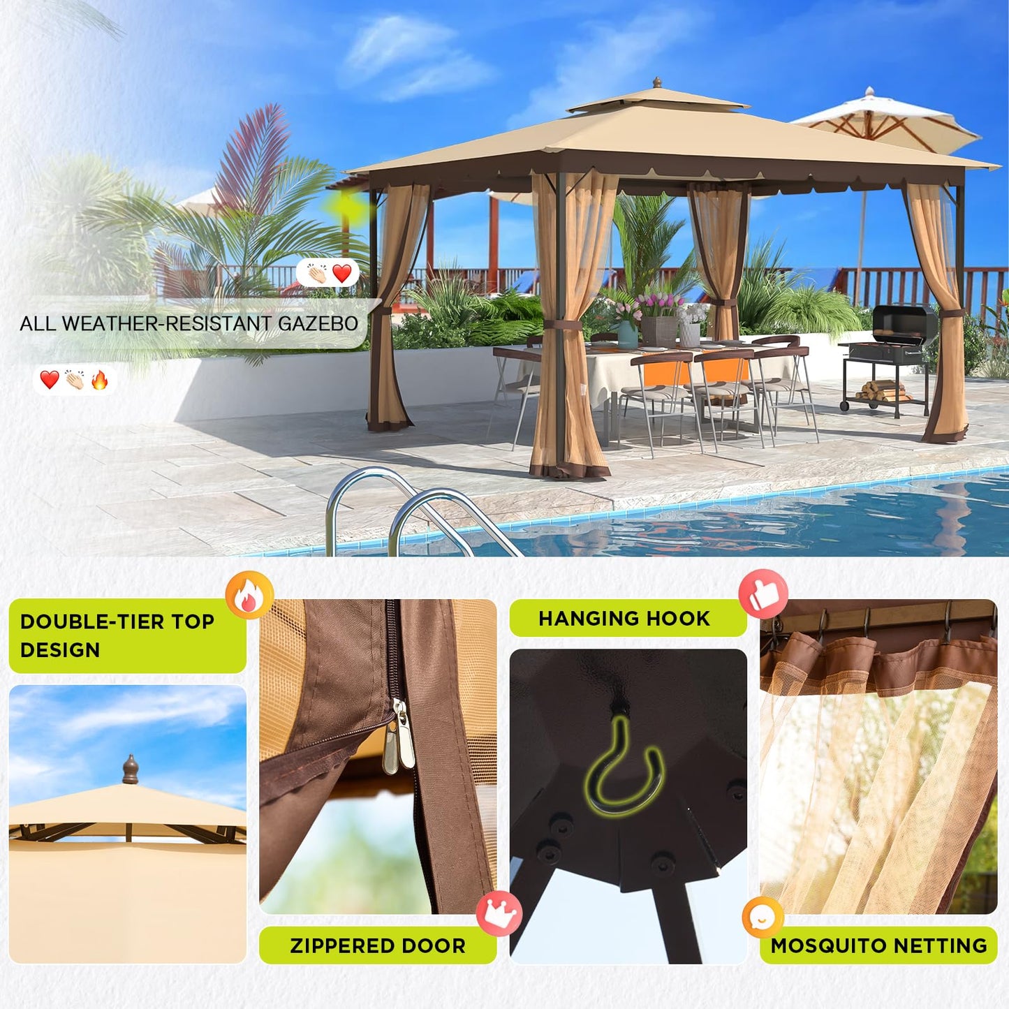 Bezseller 10x12 Outdoor Patio Gazebo with Powder-Coated Metal Frame, Stable Double-Tier Canopy with Zip Mesh Sidewalls for Backyard Dining & Entertaining, Khaki
