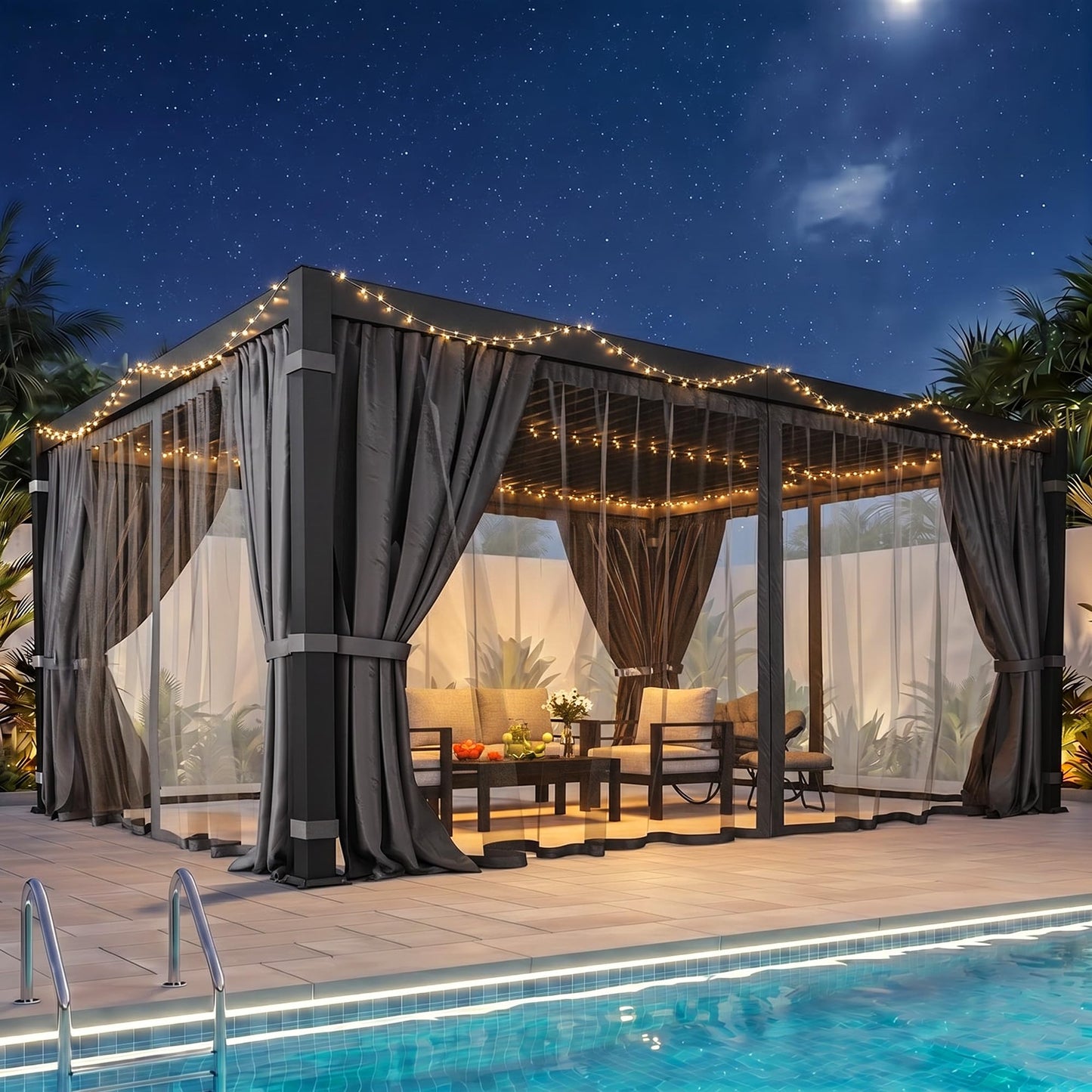 12' x 16' Louvered Pergola, Outdoor Pergola with Curtains & Netting, Metal Patio Pergola with Adjustable Louvers Roof and Gutter System, Metal Hardtop Gazebo for Patio, Deck, Garden, Yard, Dark Gray