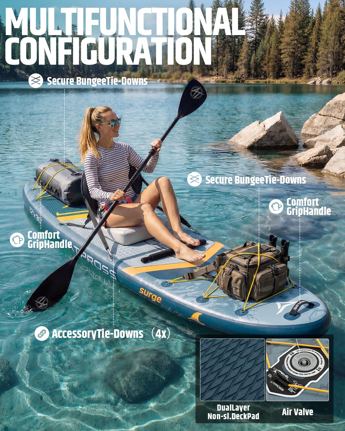 12'x36 Inflatable Paddle Board, 500lbs Extra Wide Stand Up Paddleboard for Adults with Blow Up Kayak Non-Slip Stable Deck Boat, Premium SUP Accessories Kit & Backpack, Tailored 5 Fins