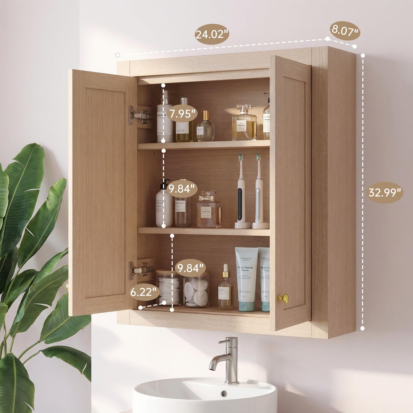 HIGEINE Bathroom Wall Mount Cabinet 24" W x 33" H, Natural Wood