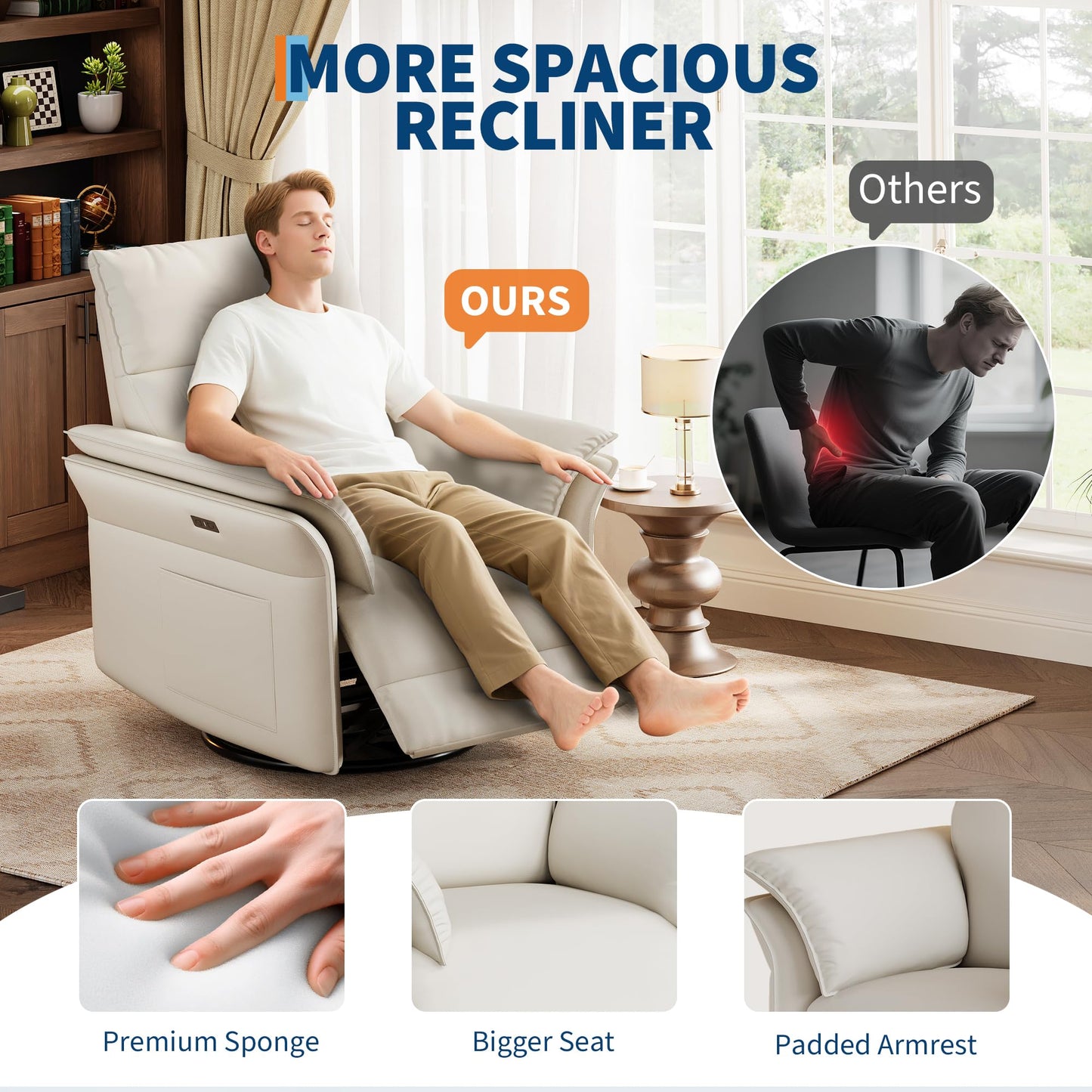 Garvee Power Recliner Glider Chair with Smooth Swivel and Rocking Motion Adjustable Recline USB Charging Port Premium Chenille Fabric and Double Armrests for Living Room and Nursery