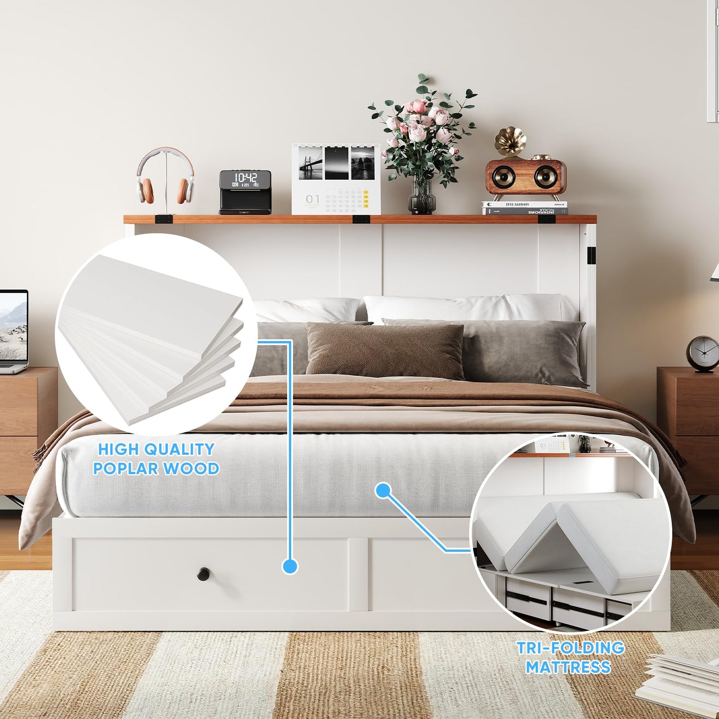 Mjkone Queen Murphy Bed with Tri-Fold Mattress, USB Charging Station & 2 Storage Drawers, Hidden Folding Chest Cabinet Bed, Space Saving Wall Beds for Bedroom Guest Room Living Room-White