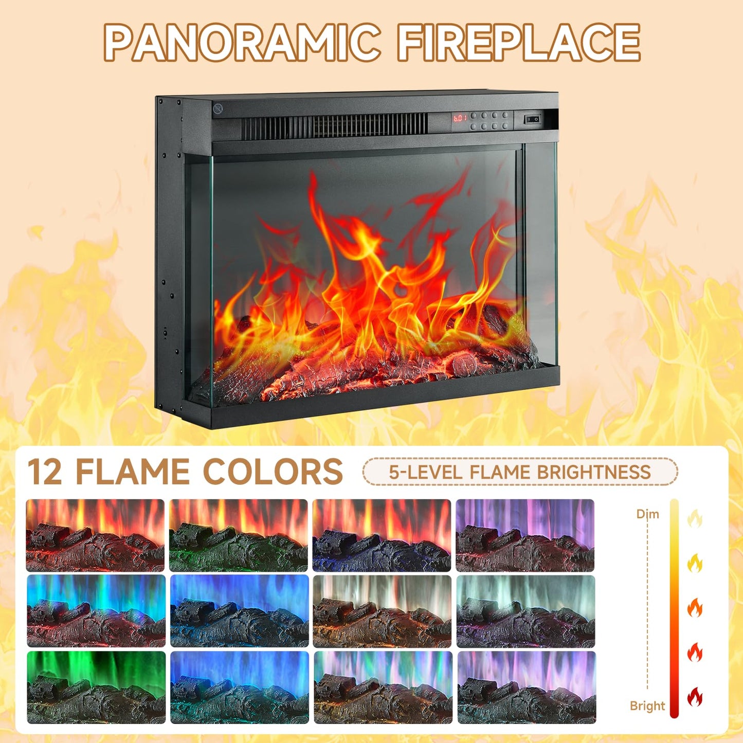 ROCKPOINT 3 Sided Glass 59" Fireplace TV Stand for TVs up to 65inch, Media Entertainment Center with Storage Cabinet,24" Electric Fireplace with LED Light and Flame Colors, White