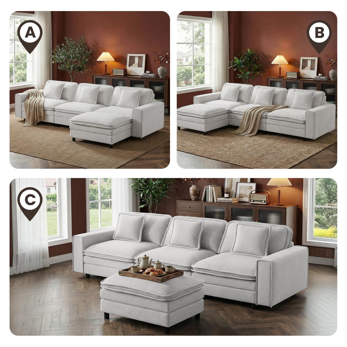 MALOL Modular Sectional Sofa 107", Comfy Cloud Couch with Ottoman, Deep 4-Seat L Shaped Modular Sofa, Couches with Throw Pillows for Living Room, Beige