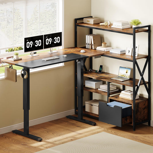 Homiflex 77.8 Inches L Shaped Standing Desk Corner Desk with Hutch Electric Height Adjustable Desk with Storage Shelves File Drawer Power Outlets Reversible Computer Gaming Desk for Home Office, Brown