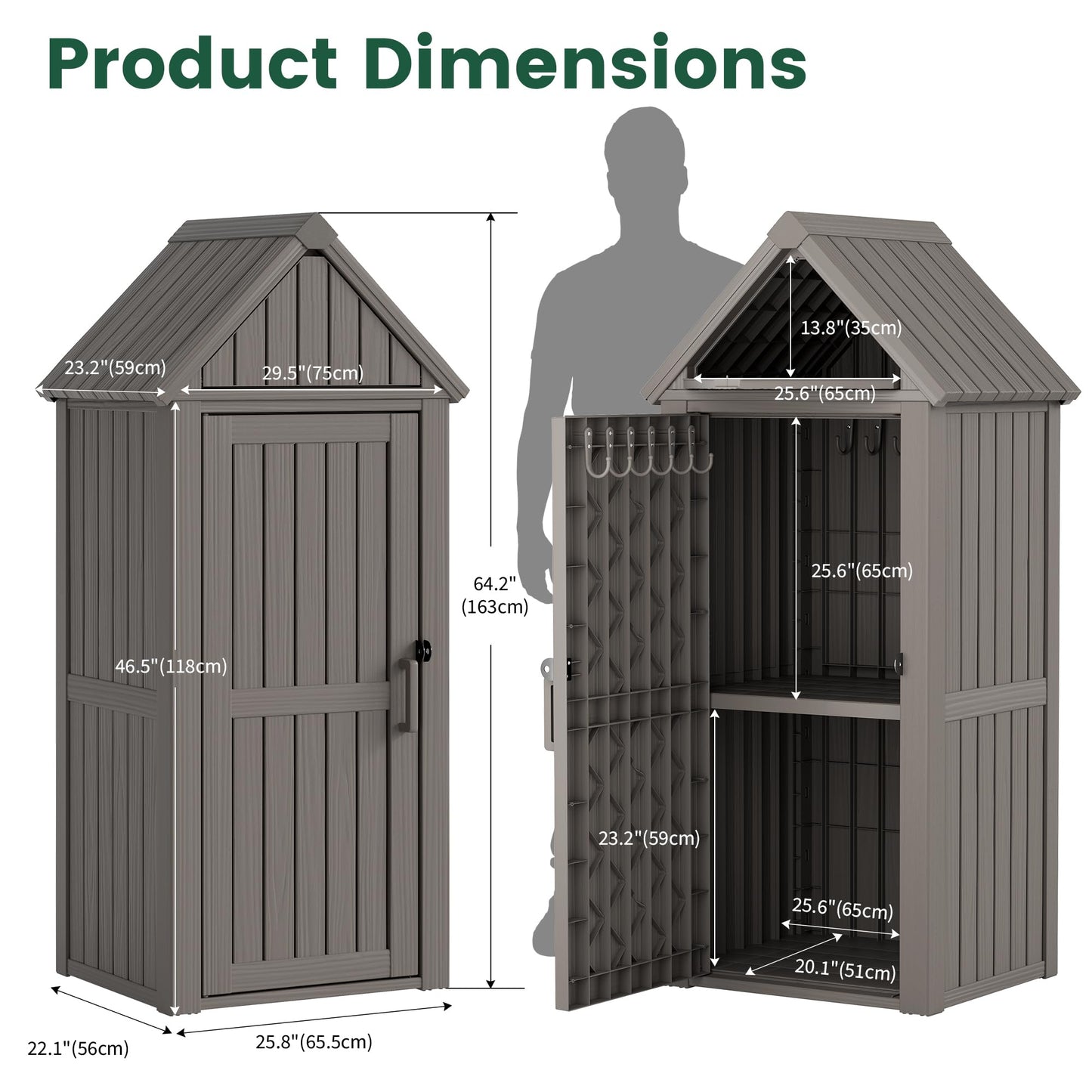 Bifanuo Deck Box Storage Shed Outdoor Storage Cabinet, Vertical Waterproof Resin Material Plastic Shed with Removable Shelves, 12 Hooks and Lock Ring for Garden, Pool and Patio (Grey)