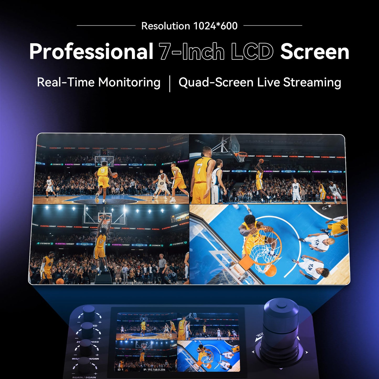 Tenveo 4K 20X NDI PTZ Camera with AI Humanoid & Face Auto-Tracking HDMI/USB3.0/LAN(PoE) (3pcs) and 7’’ LCD Quad-Screen NDI PTZ Joystick Controller and 8 Port PoE Switch Bundle/Kit for Live Production