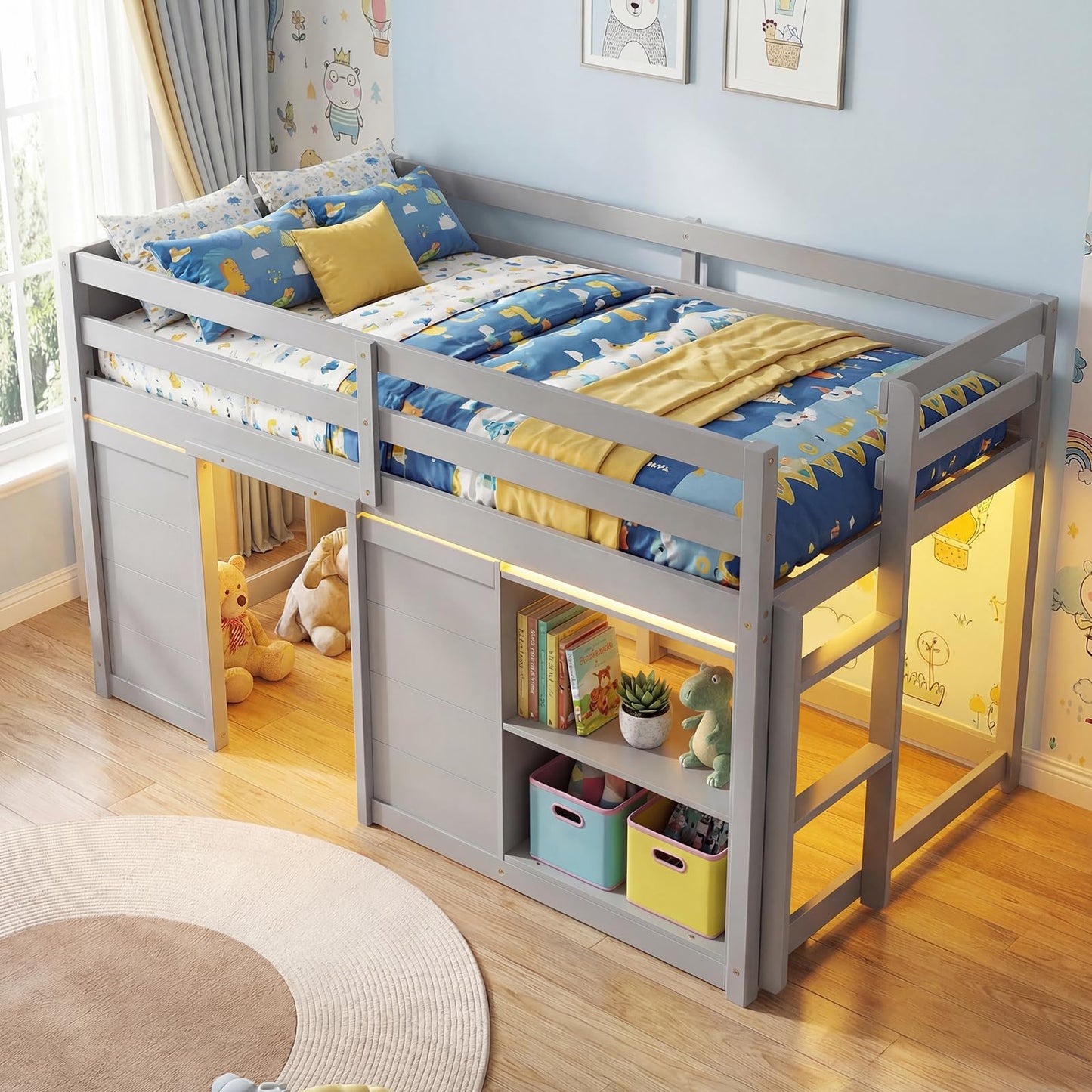 Giantex Loft Bed Twin Size with LED Lights, Wooden Low Bed Frames for Kids w/2 Doors, Under-Bed Play Space & Storage Bookcase, Modern Bedframe with Ladder & Safety Guardrail for Boys Girls (Grey)