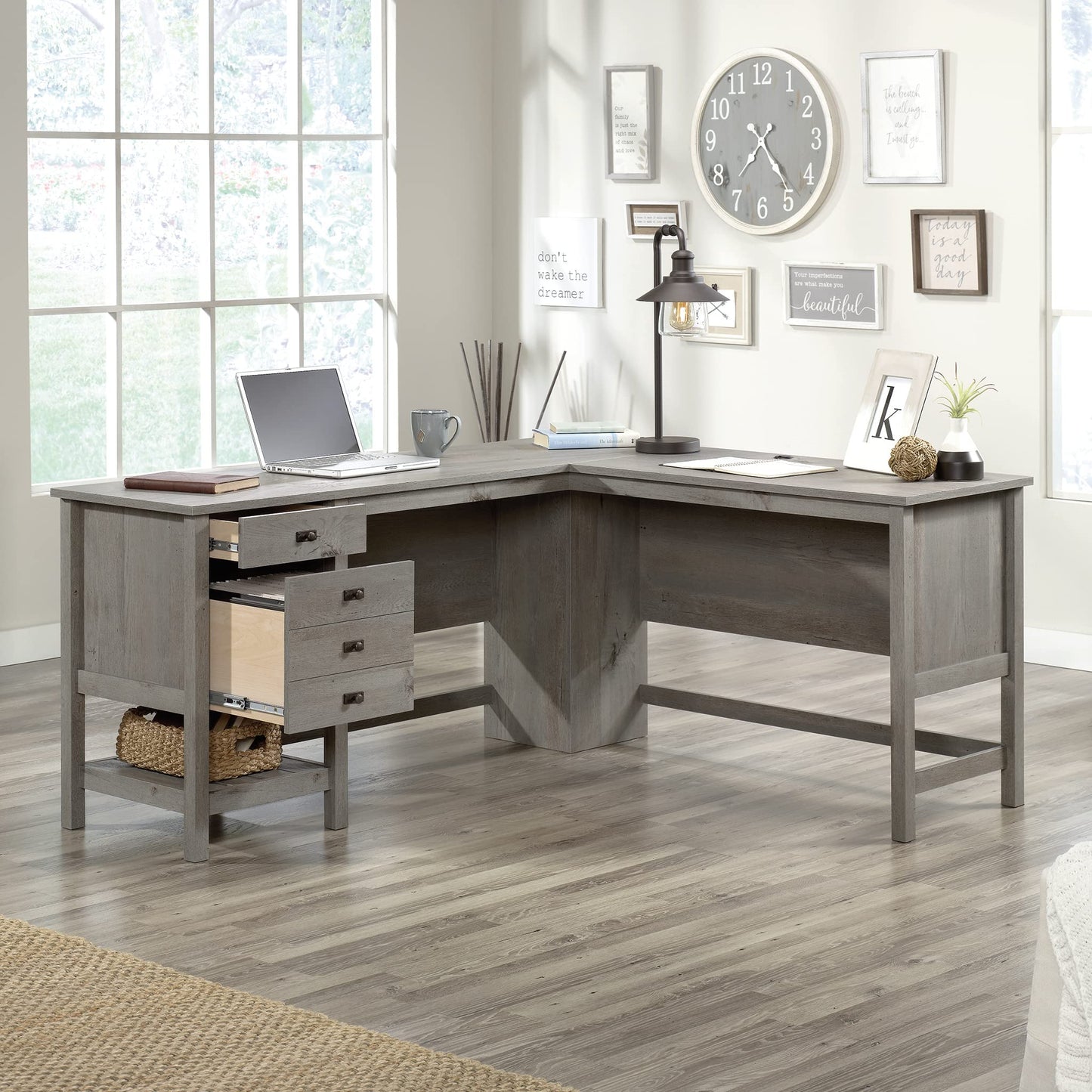 Sauder Cottage Road L Shaped Desk Computer Desk with Drawers, Home Office Desk with Optional File Cabinet Storage, Cable Management, in Mystic Oak Finish