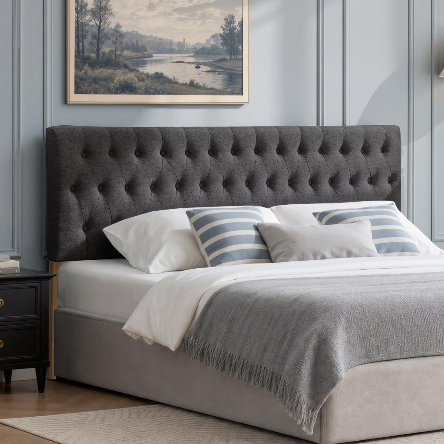 Kingfun Tufted Upholstered King Size Bed Headboard in Modern Button Design, Adjustable Solid Wood Head Board, Premium Linen Fabric Padded Headboards in Bedroom (Dark Grey)
