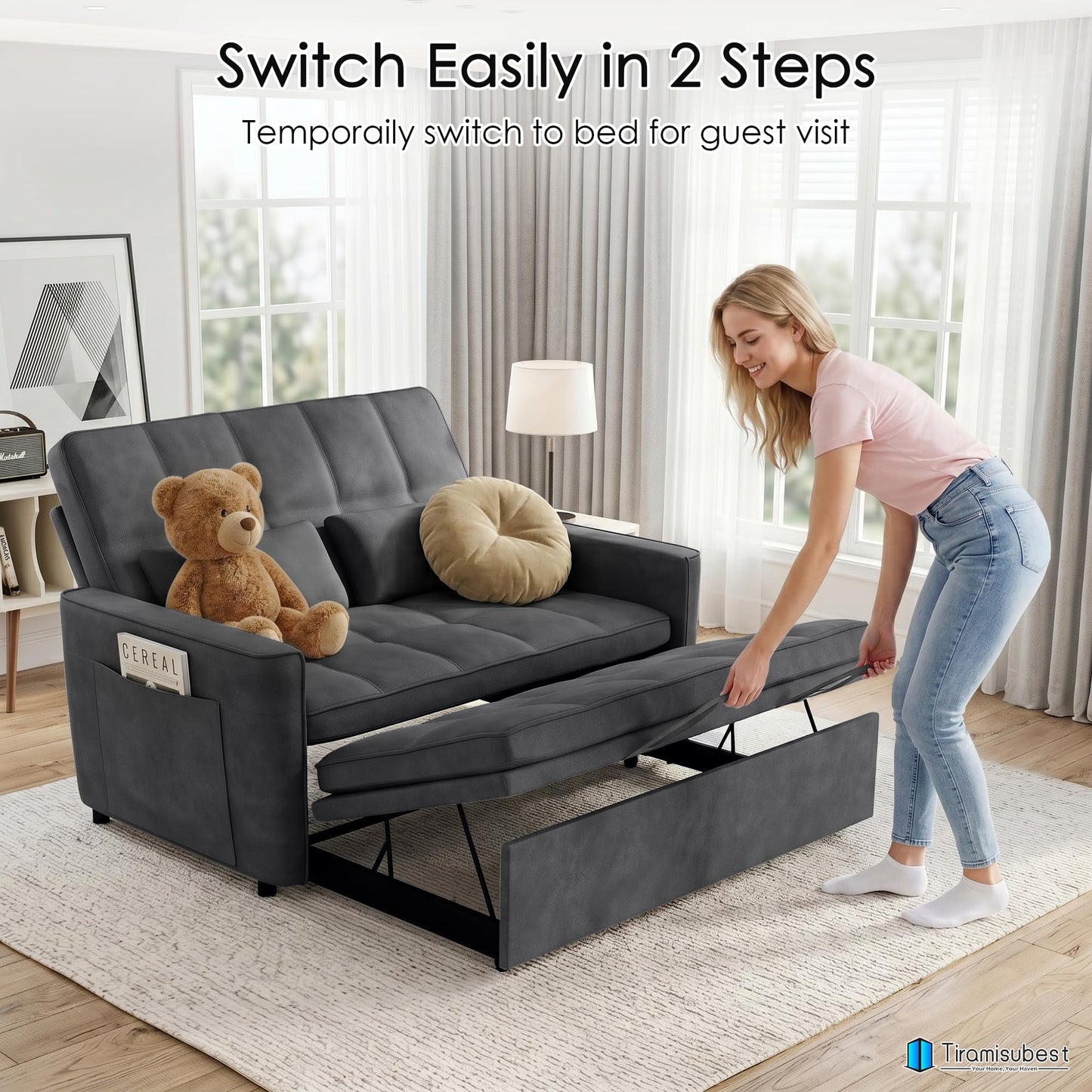 tiramisubest 54'' Sleeper Sofa Bed, Convertible Pull Out Couch Futon for for Living Room,Apartment (Darkgrey, Loveseat) Side Pockets, Velvet Fabric, Adjustable Backrest, Pull-Out Bed, Easy Assembly