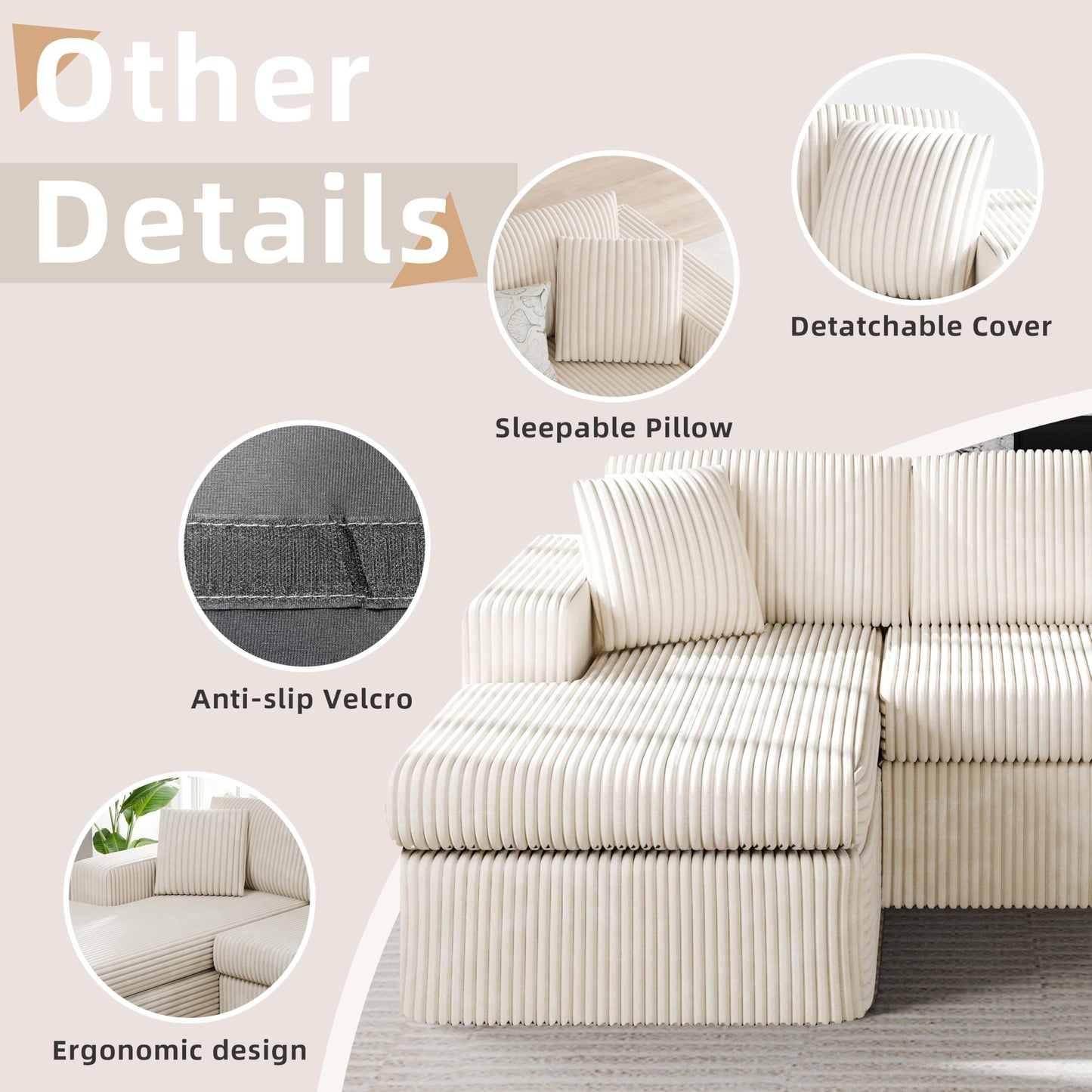 105" Boneless Couches for Living Room, L Shaped Modular Sectional Sofa Couch with Deep Seat, Cloud Foam Couch with Oversized Chaise, Plush Corduroy Sofa No Assembly Needed