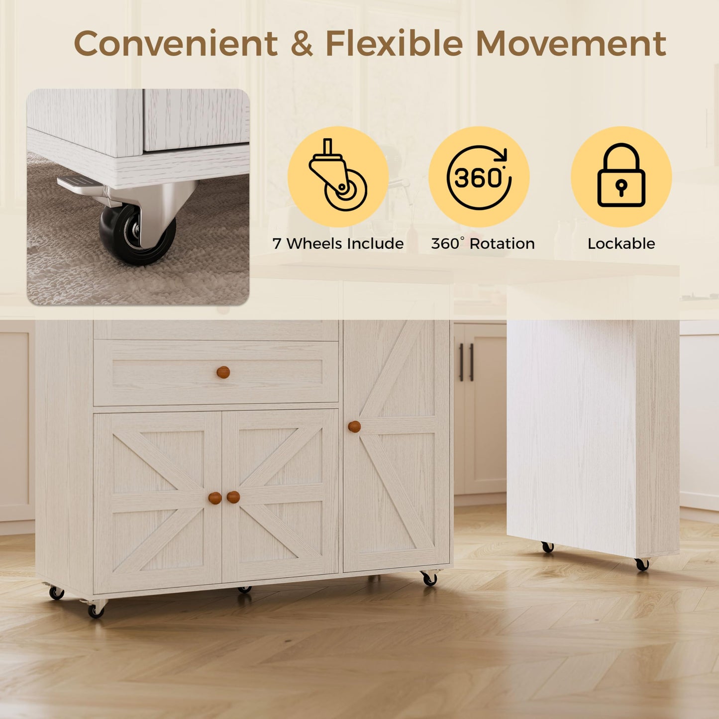 IRONCK Kitchen Island with 360° Swivel Table, Rolling Island with Storage, Kitchen Cart with Spacious Drawer, Storage Cabinets and Spice Rack for Home, Dining Room