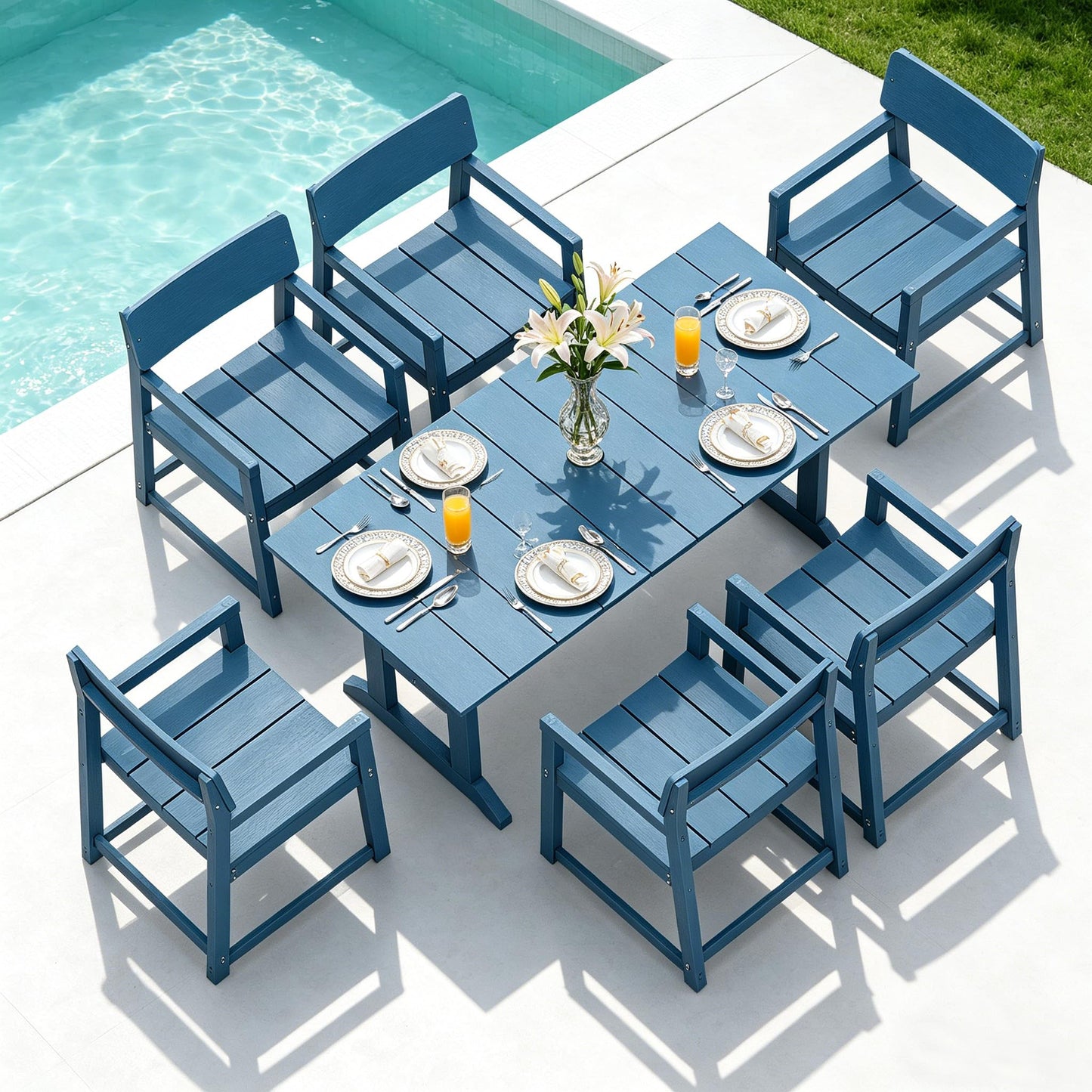 Shintenchi 7 Pieces Outdoor Dining Set,HDPE Outdoor Table and Chairs Set for 6,All Weather Patio Furniture Sets with Umbrella Hole,Modern Wooden Textured Dining Sets for Backyard,Garden,Blue