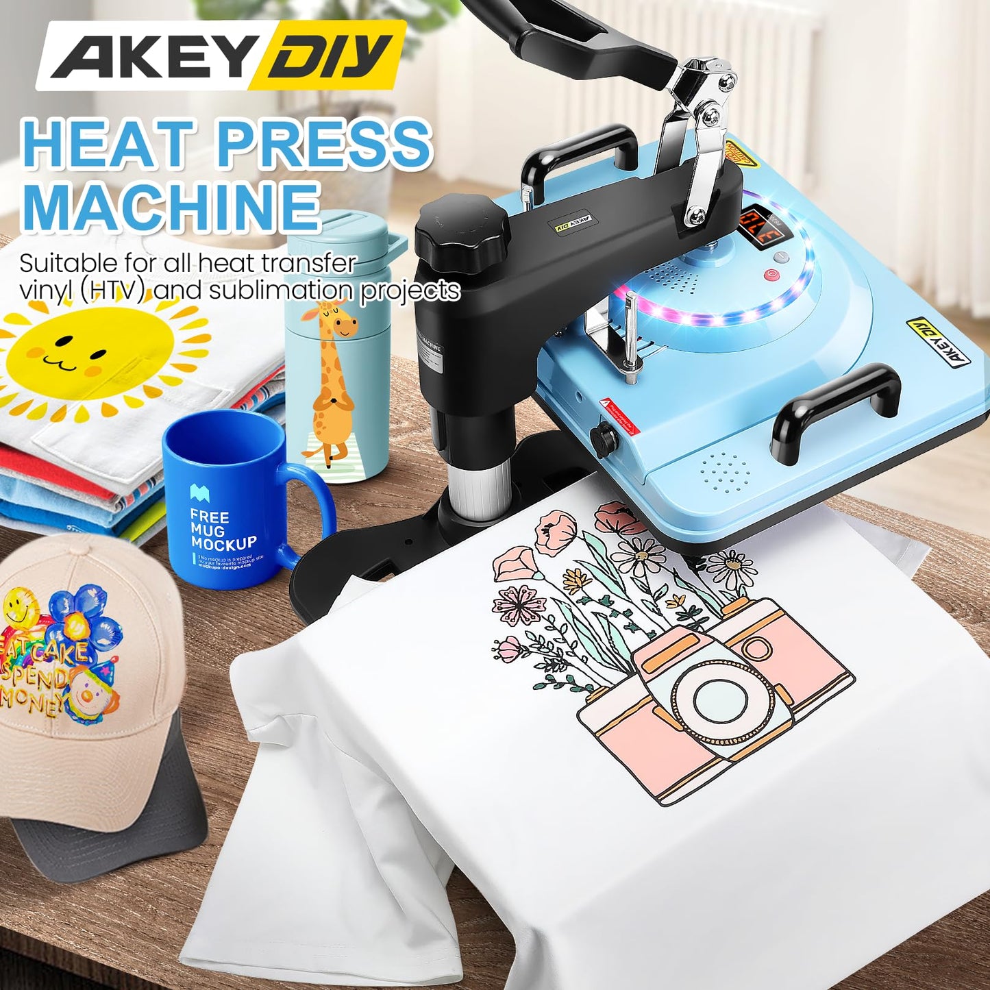 AKEYDIY Upgraded 8 in 1 Heat Press Machine for Tshirts 12X15 Inch, 360° Swing Away Shirt Press Machine for Sublimation, Multifunctional Heat Transfer Machine Combo for Shirts Hat Cap Mug Plate