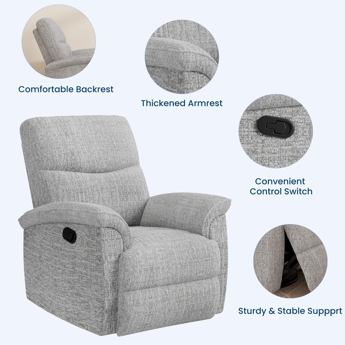 Garvee Swivel Rocker Recliner Chair, Nursery Rocker Recline Chair, Manual Chenille Reclining Armchair with 38.6" w Seat, 350 Lb Capacity, Oversized Single Sofa for Living Room Bedroom,Grey