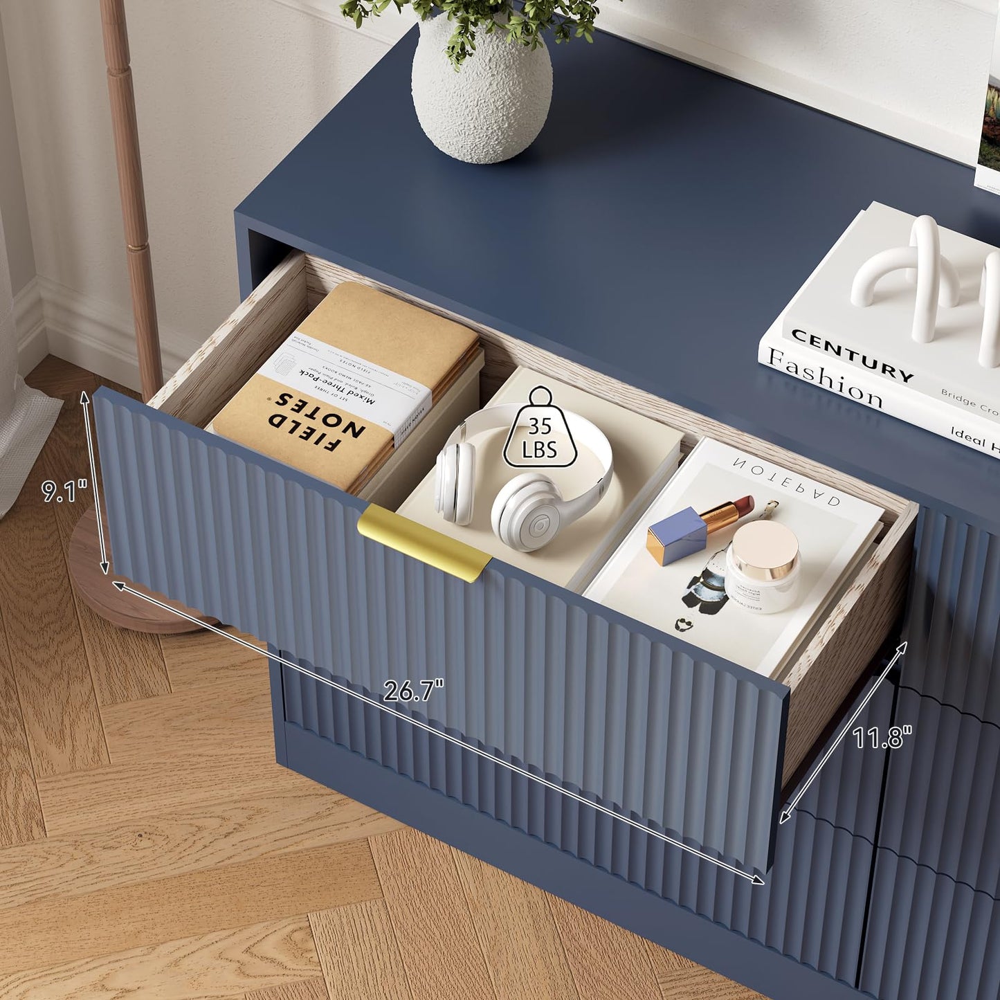 Sscaktu 6 Drawer Fluted Dresser for the Bedroom, 55" Wide Wooden Dresser with Deep Drawers, Large Floor Chest of Drawers, Modern Long TV Stand, Storage Cabinet for Livingroom, Hallway, Blue