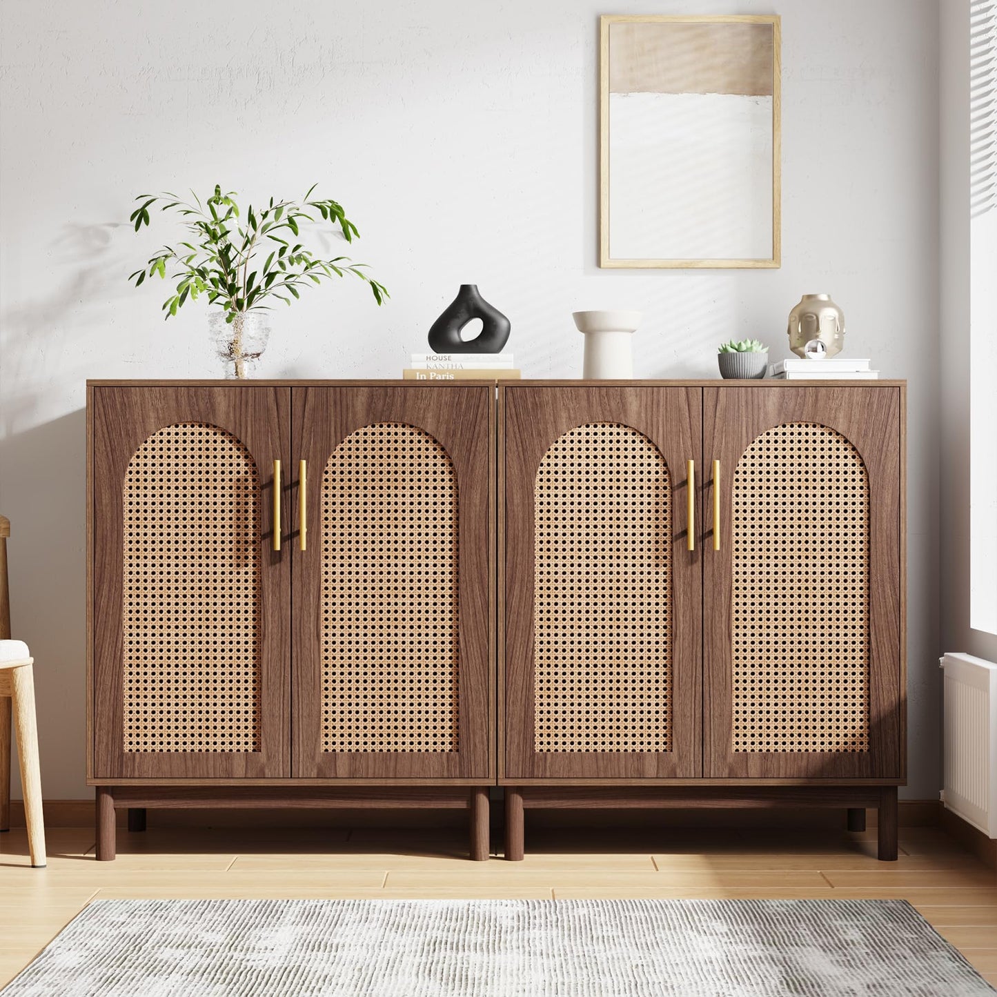 Tribesigns Set of 2 Rattan Sideboard Buffet Cabinet with Storage, 59 Inch Accent Cabinet for Dining Room, Living Room, Kitchen, Rattan and Dark Brown