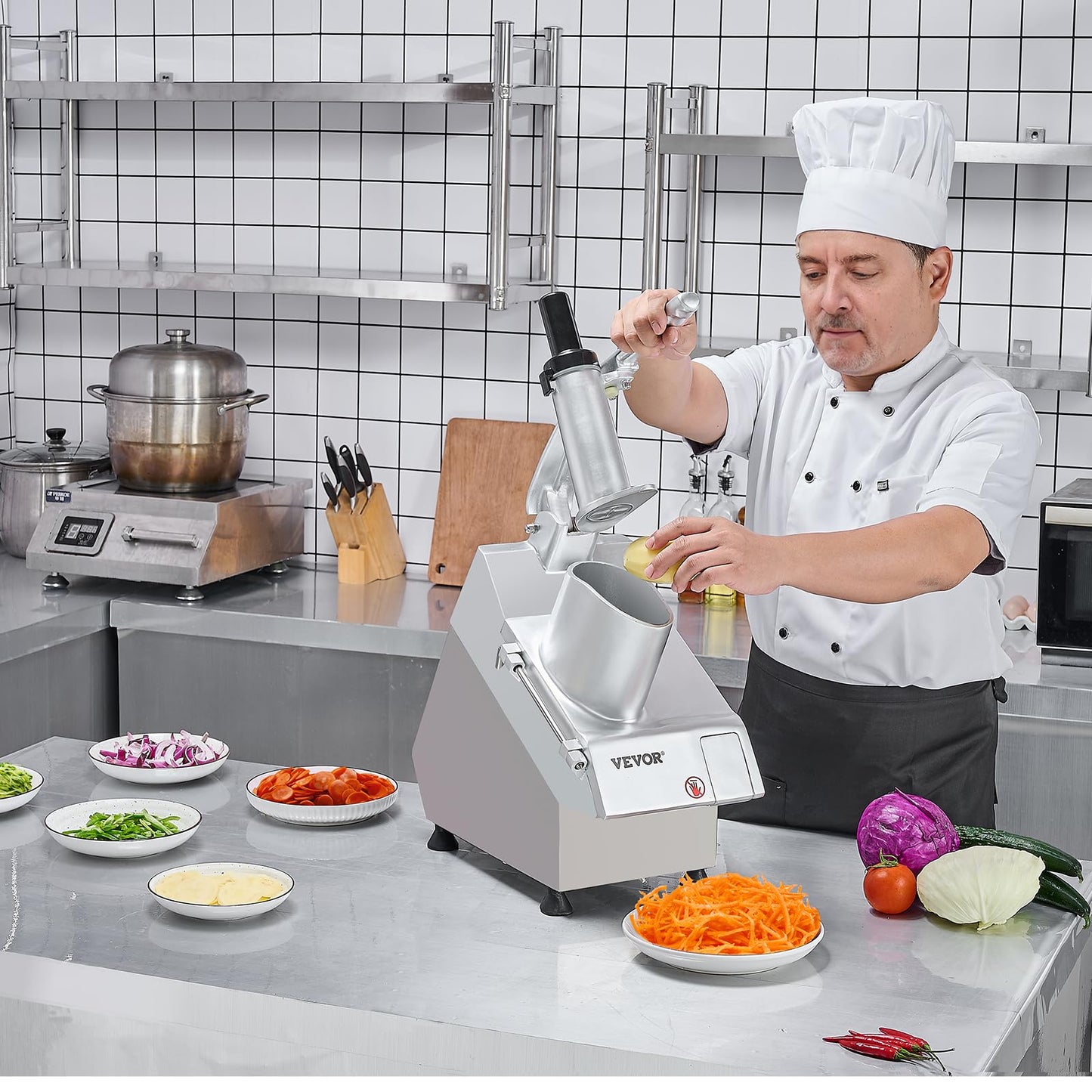VEVOR Food Processor & Vegetable Chopper, 2 Feeding Holes Food-Grade Stainless Steel Food Processor Chopper with Detachable 6 Blades, 3mm/5mm/7mm/10mm Shredder, 2mm/4mm Slicer, for Vegetables, Fruit