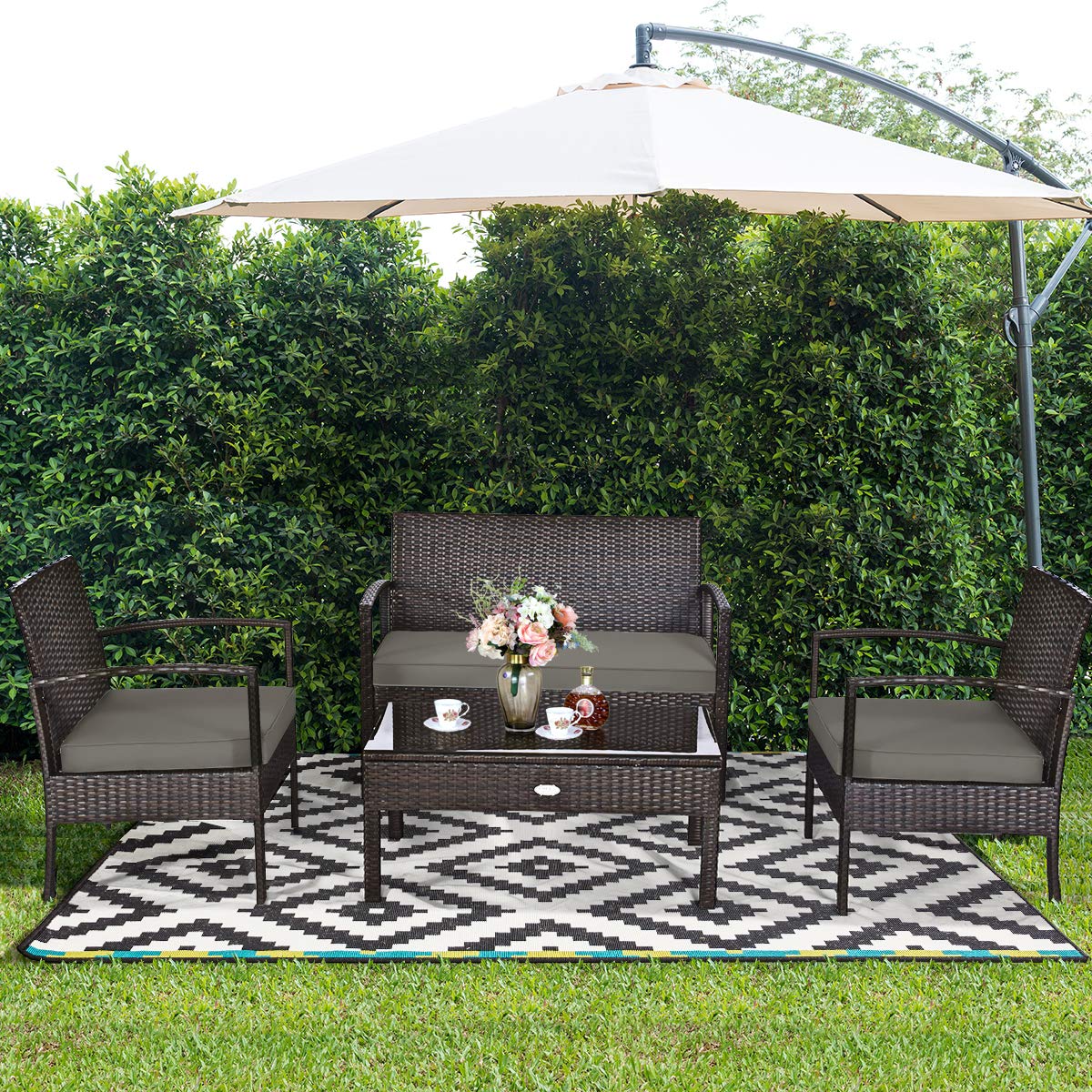 Tangkula 4-PCS Wicker Patio Conversation Furniture Set, Outdoor Rattan Chair and Table Set, Patio Furniture Sets with Coffee Table & Washable Cushions for Courtyard Balcony Garden (1, Brown)