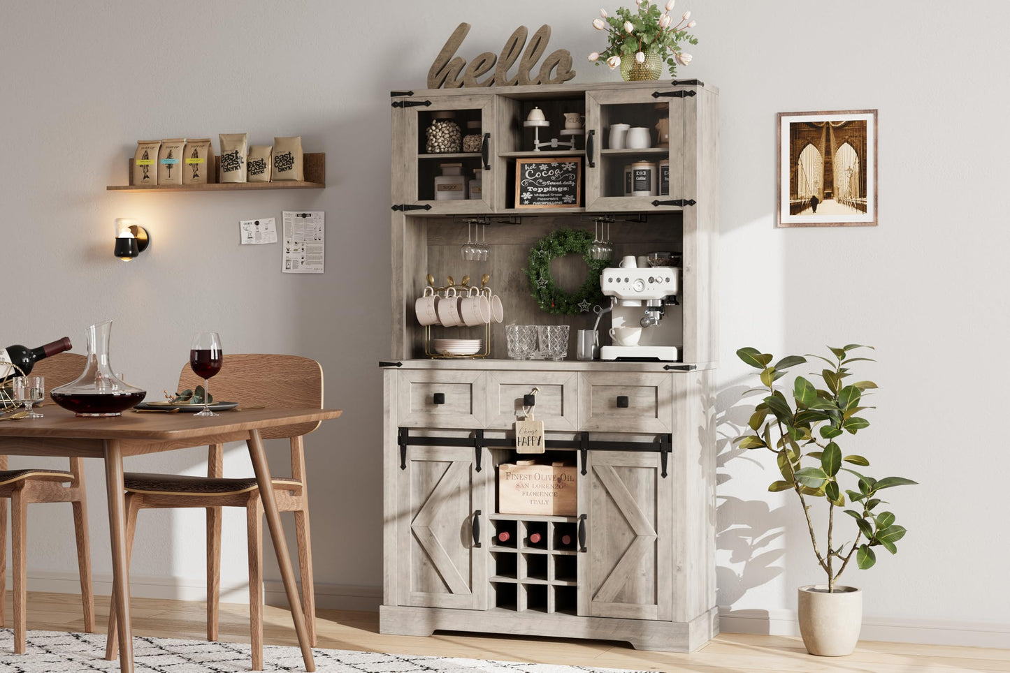 MegaChoice 72" Farmhouse Bar Cabinet with Sliding Barn Door, Tall Kitchen Buffet with Storage Hutch and 3 Drawer, Wine & Glasses Rack, Rustic Coffee Wine Bar Sideboard for Living Room