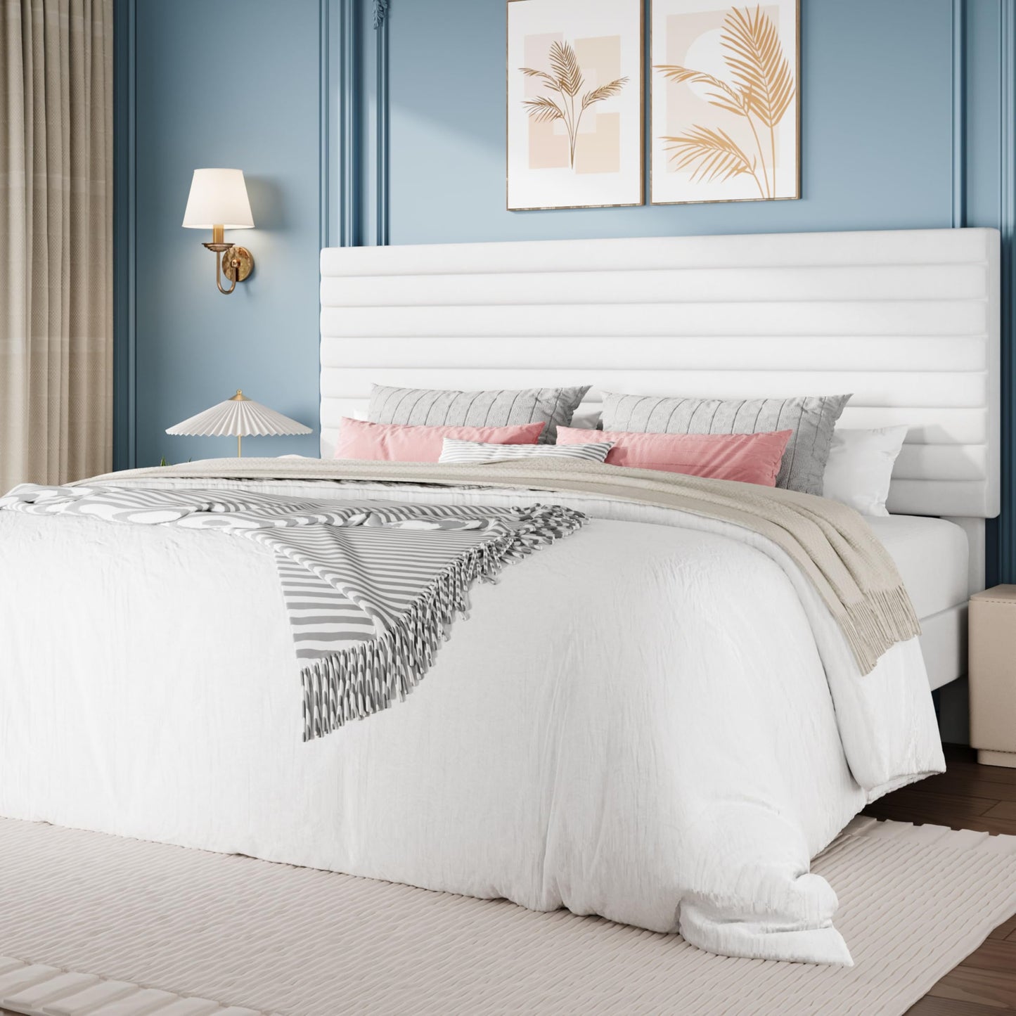 SHA CERLIN King Size Platform Bed Frame with Adjustable Headboard, Velvet Upholstered Bed with Under-Bed Storage, Modern Horizontal Channel Tufted, Wood Slats Support, No Box Spring Needed, White
