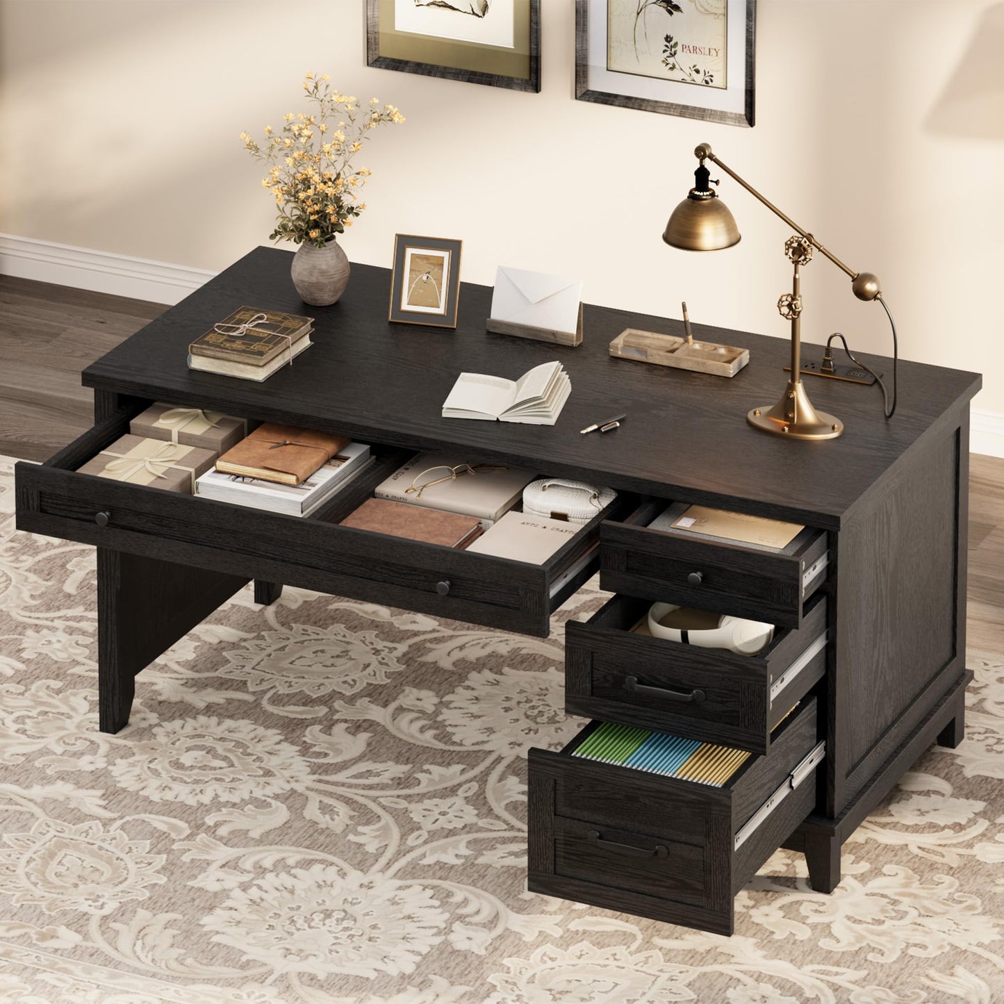 IDEALHOUSE 53.5" Farmhouse Computer Desk with Charging Station, Rustic Black Home Office Executive Desk, Wooden Workstation with File Cabinet Storage Drawers for Writing & Study, Rustic Black
