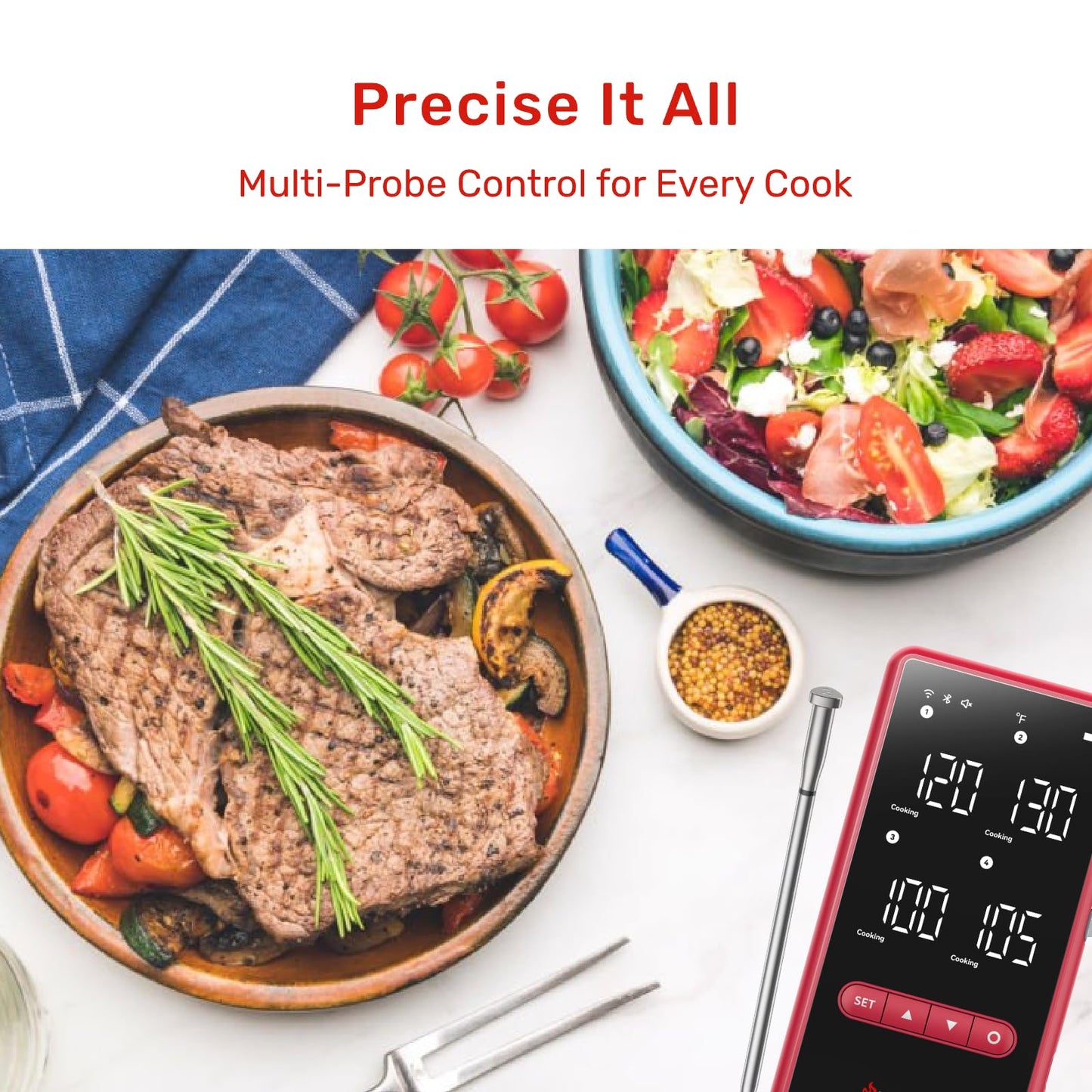 Meatmeet Wireless Bluetooth Meat Thermometer Digital, Standalone Base, WiFi Unlimited Range, AI guided cooking, 6 Sensors with ± 0.18°F Accuracy, 4 Probes for Kitchen, BBQ, Grill, Oven, Smoker (Z Pro)