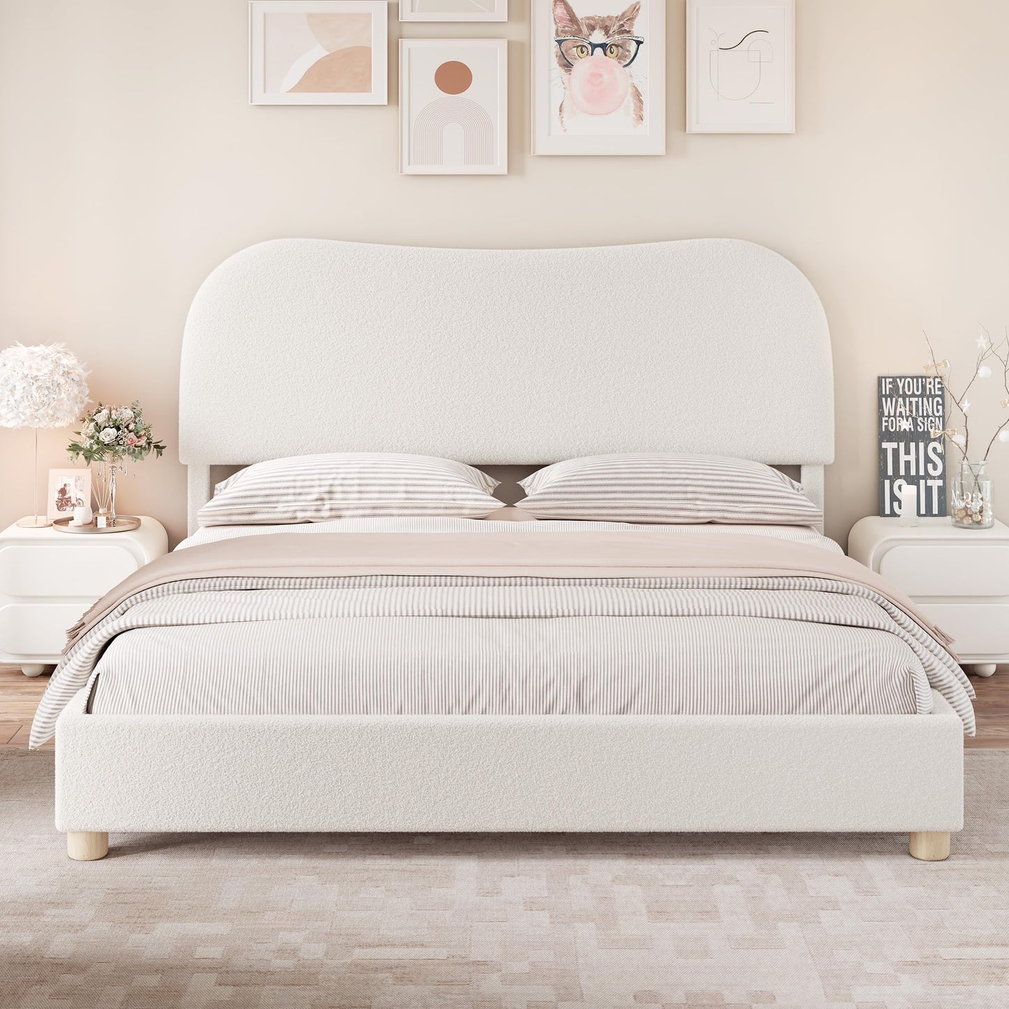 AMERLIFE King Size Upholstered Boucle Bed Frame, Soft Cloud Platform Bed with Adjustable Headboard, Modern Design, Rounded Corners, Rubberwood Legs, No Box Spring Needed, Easy Assembly, Cream
