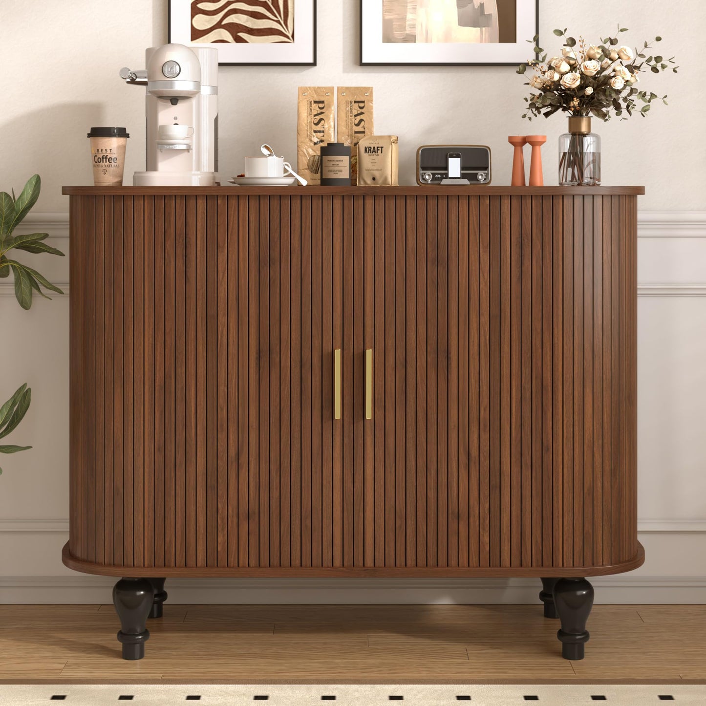 Merax Coffee & Liquor Bar Cabinet 39" with Wine Racks Glass Holders Large Drawer Hidden Side Storage Mid-Century Modern Farmhouse Sideboard, Walnut