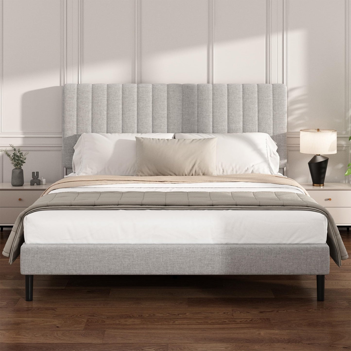 Mxhtcewz Queen Size Platform Bed Frame with Vertical Channel Tufted Headboard, No Box Spring Needed, Noise-Free, Easy Assembly, Light Grey Linen