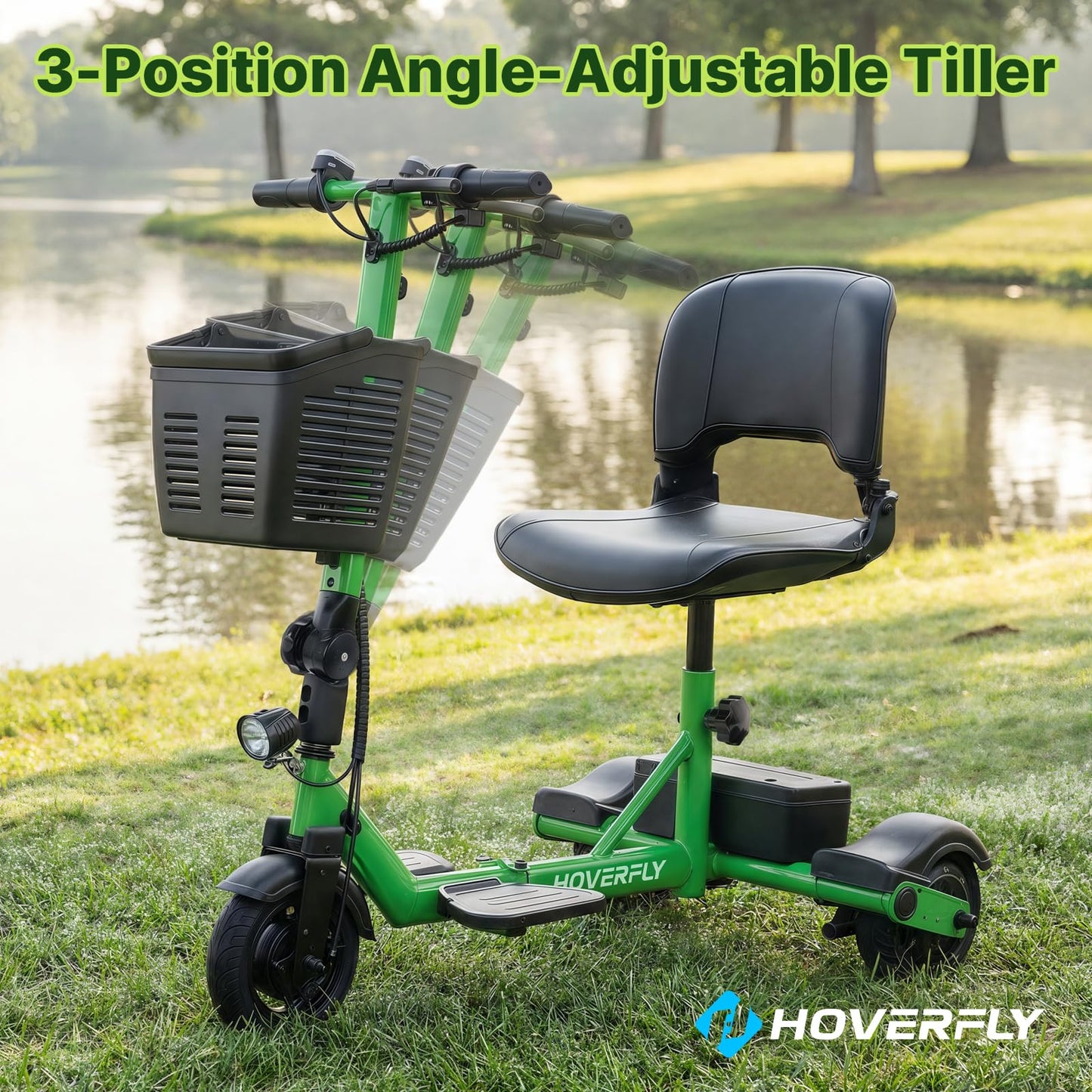 Hoverfly T3 Folding Powered Mobility Scooter for Seniors, Portable 3-Wheel E-Scooter with Seat, 13-Mile Range Safe LiFePO4 Battery, 264lbs Load&Solid 8" Tires, Fits in Car Trunks for Daily Rides Green