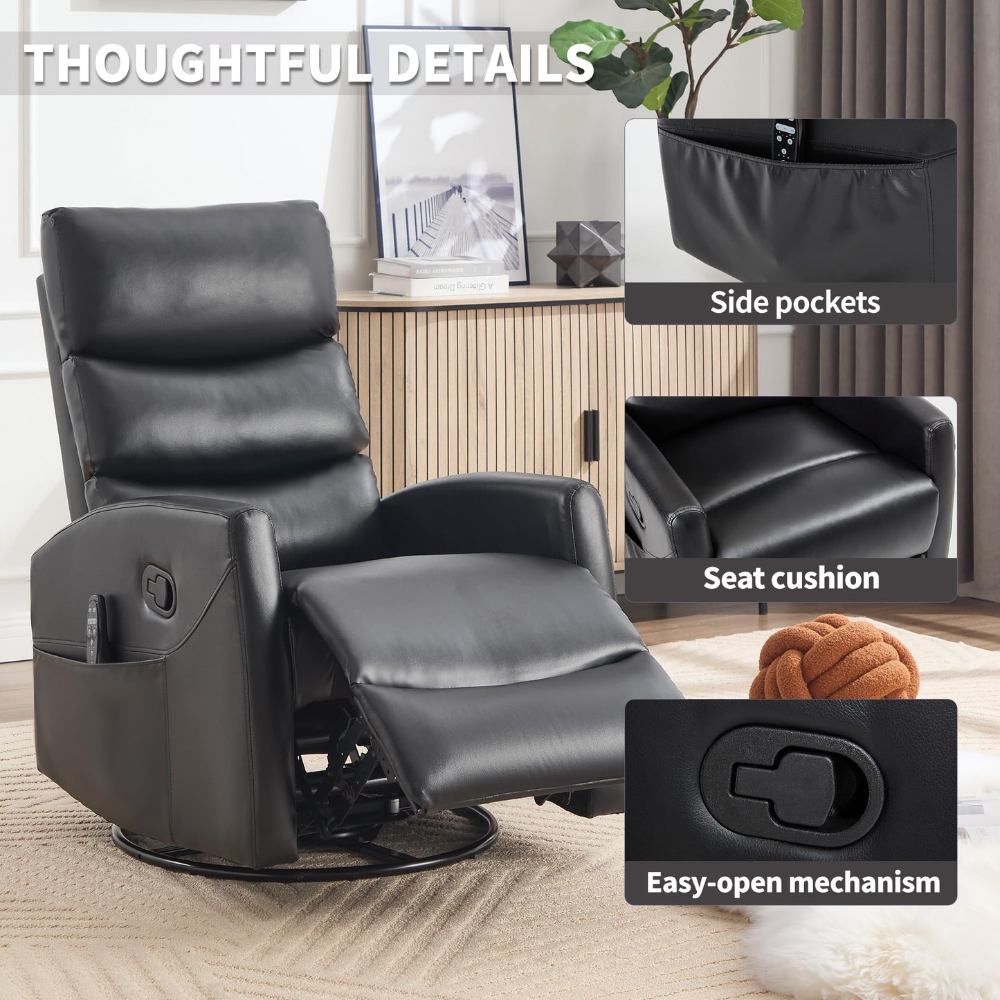 KEIKI 4-in-1 Manual Swivel Rocker Recliner Chair for Home Living Room, Faux Leather Chair with Back Massager & Heat, Home Theater Seating with Lumbar Support, Portable Chairs for Adults, Black